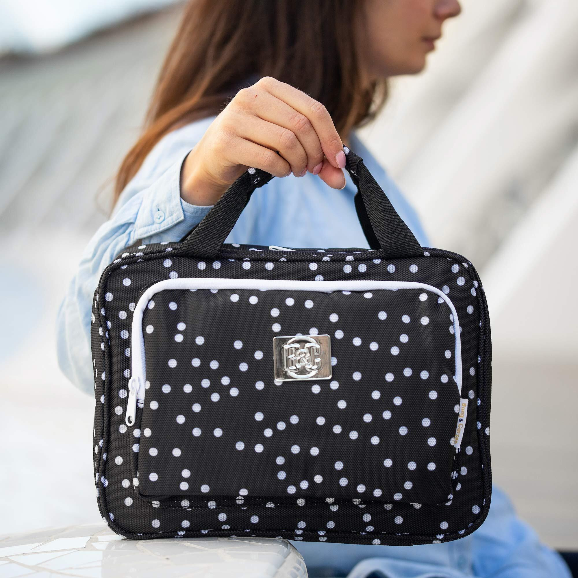 Large Travel Hanging Toiletry Bag For Women - Folding Bathroom Toiletry Cosmetic Organizer - Xl Hanging Travel Bag For Full Size Toiletries (Black Polka Dot)