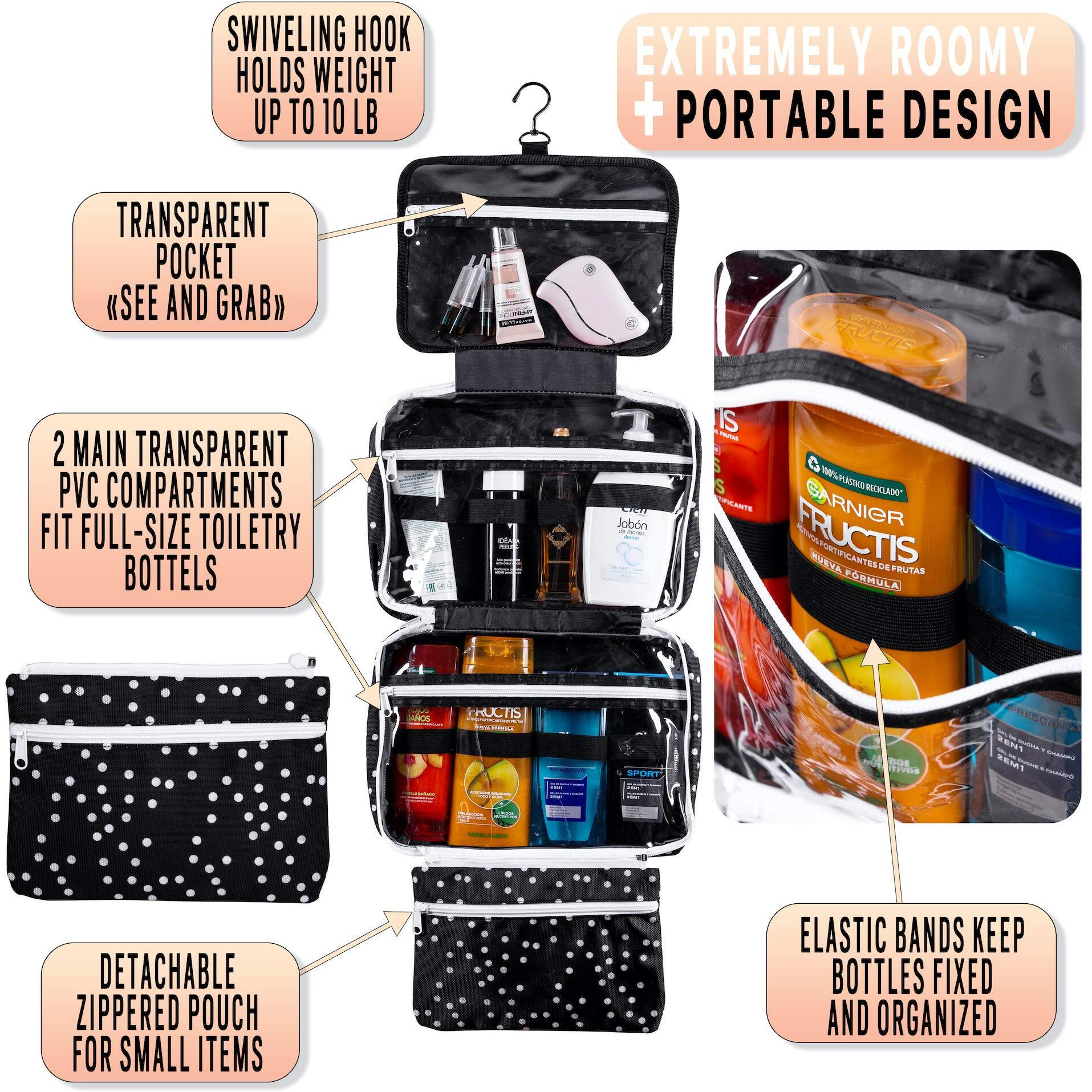 Large Travel Hanging Toiletry Bag For Women - Folding Bathroom Toiletry Cosmetic Organizer - Xl Hanging Travel Bag For Full Size Toiletries (Black Polka Dot)