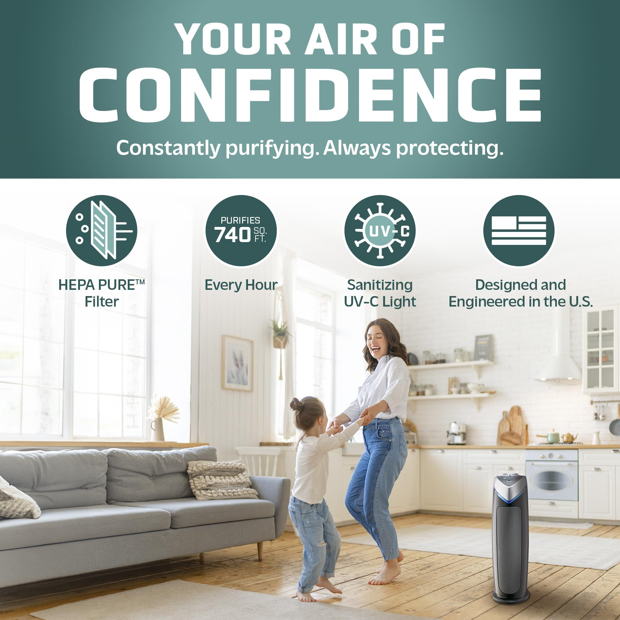 Germguardian Air Purifier With Hepa 13 Filter, Removes 99.97% Of Pollutants, Covers Large Room Up To 743 Sq. Foot Room In 1 Hr, Uv-C Light Helps Reduce Germs, Zero Ozone Verified, 22"", Gray, Ac4825E