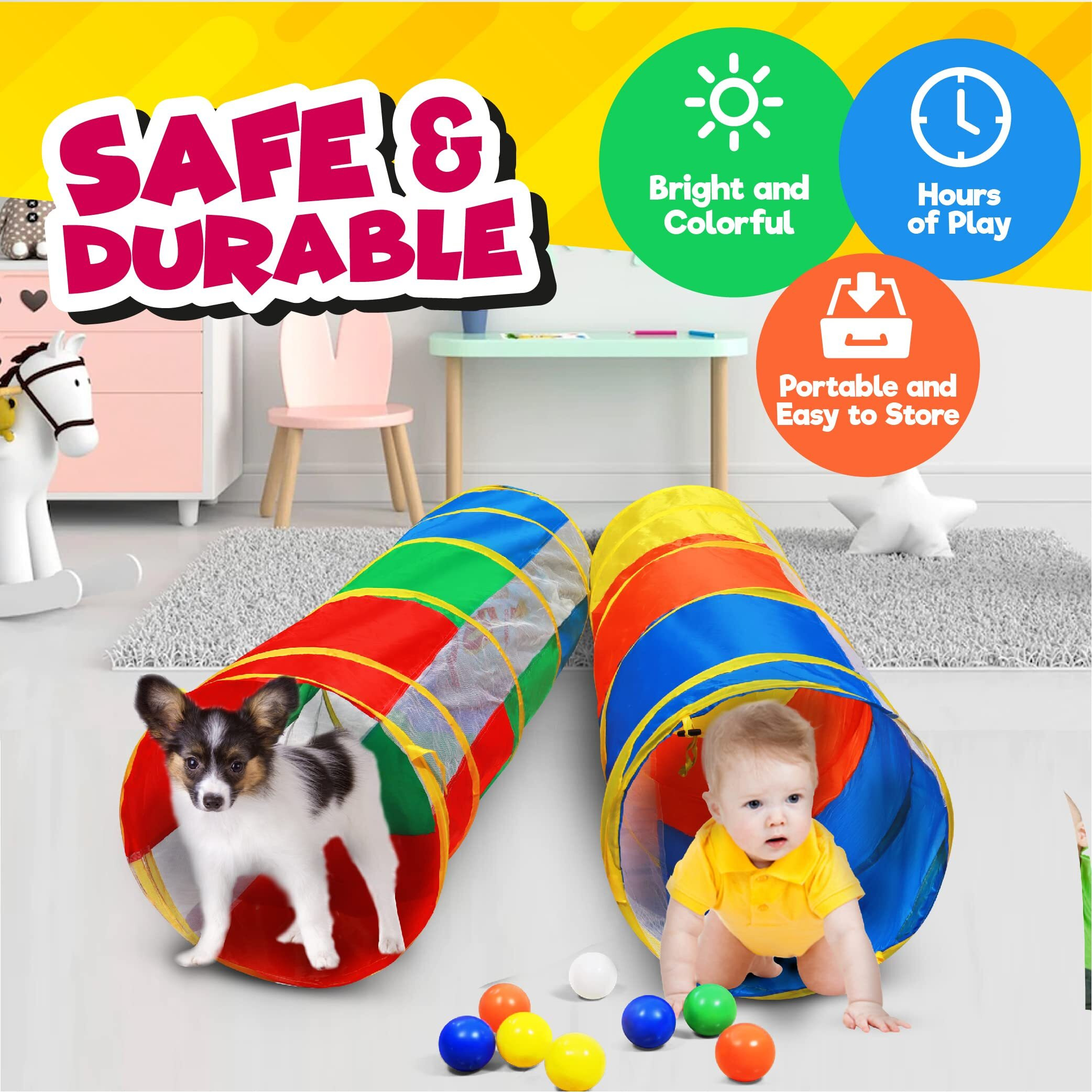 Hide N Side 2-Pack 6Ft/12Ft Crawl Through Play Tunnel Toy, Pop Up Tunnel For Kids Toddlers Dogs Babies Infants & Children Gift Indoor & Outdoor Tube
