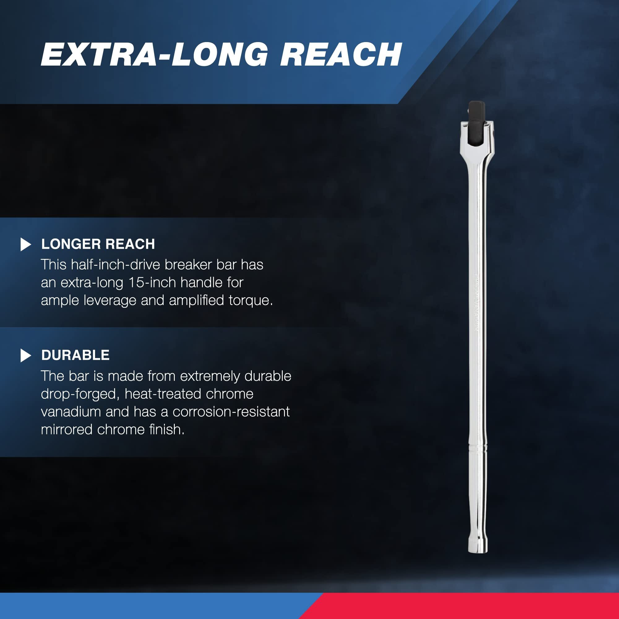 Neiko 00206A 1/2"" Breaker Bar, 1/2-Inch Drive 24-Inch Breaker Bar, Flex Head Chrome-Moly Cr-Mo, Lug Nut Wrench, Tire Bar, Cheater Bar