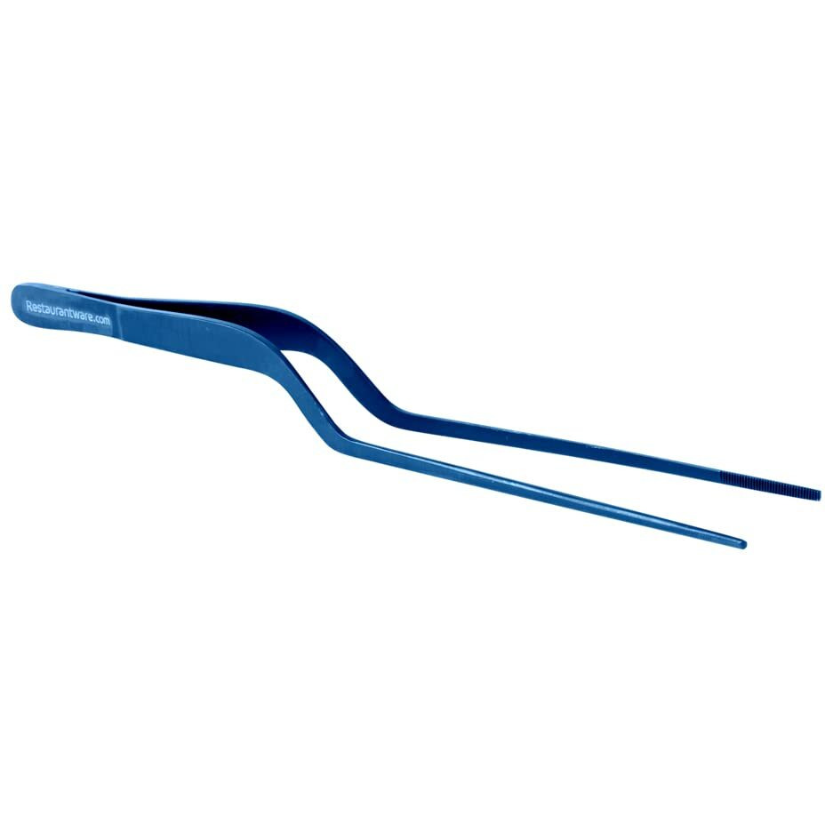 Restaurantware Perfect Point 7.9 Inch Food Tweezers 1 Offset Kitchen Tweezers - Serrated Tips For Precision For Garnishing Plating Or Decorating Blue Stainless Steel Offset Tweezers Durable