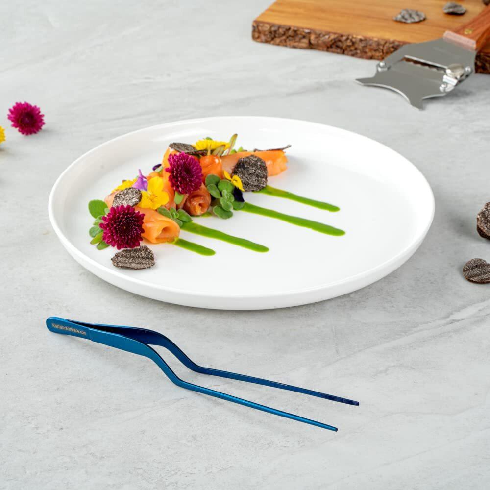 Restaurantware Perfect Point 7.9 Inch Food Tweezers 1 Offset Kitchen Tweezers - Serrated Tips For Precision For Garnishing Plating Or Decorating Blue Stainless Steel Offset Tweezers Durable