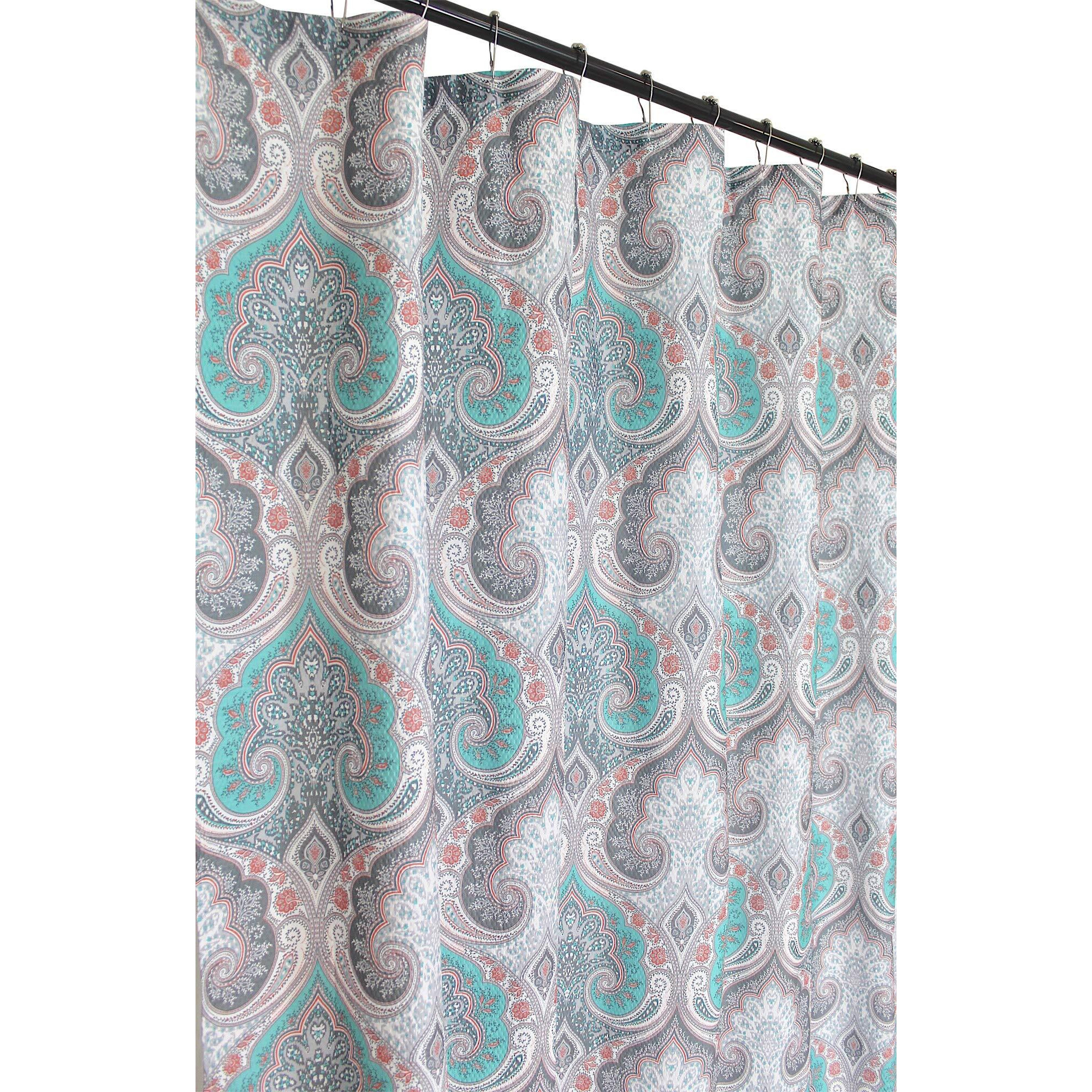 Boho Floral Damask Fabric Shower Curtain For Bathroom Teal Pink Grey