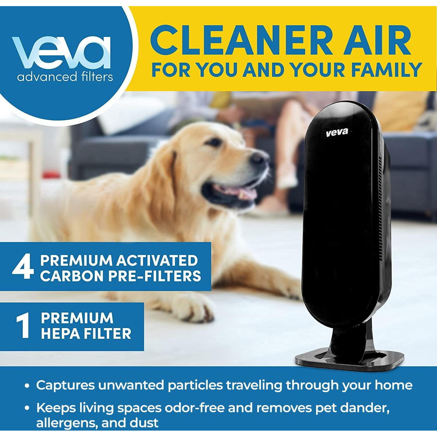 Veva 8000 Black Air Purifier For Home, Pets Hair, Dander, Large Room, 325 Sq Ft., Hepa Filter & 4 Premium Activated Carbon Pre Filters Removes Allergens, Smoke, Dust, Pet & Odor For Home & Office