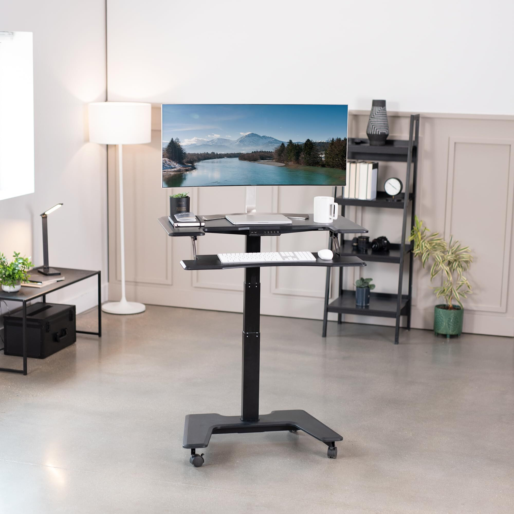 Vivo Black Electric Mobile Height Adjustable 36 Inch Dual Platform Standing Desk With Wheels, Rolling Small Space Table, Sit Stand Workstation, Desk-V111Vt
