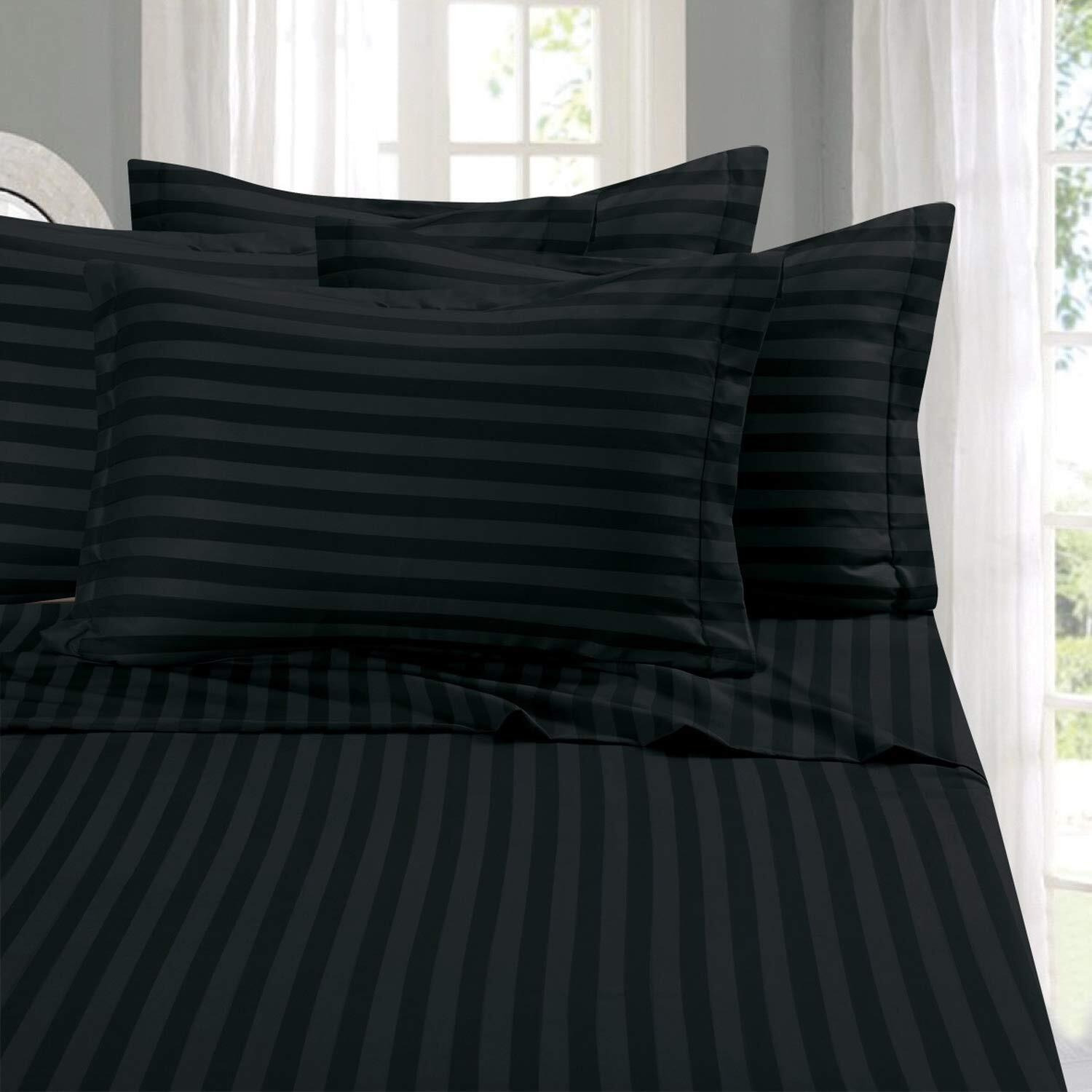 Grandeur Linens 1000 Thread Count Four (4) Piece Queen Size Black Stripe Bed Sheet Set, 100% Egyptian Cotton, Deep Pocket