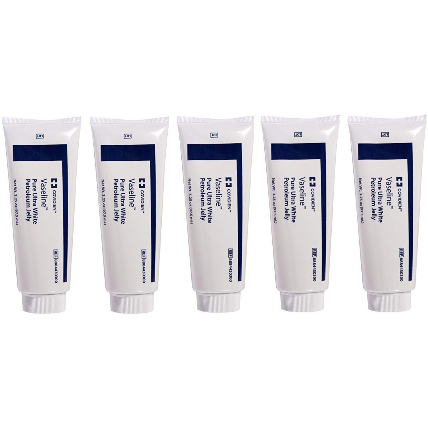 5 Pack Medical Grade Vaseline Pure Ultra White Petroleum Jelly, 3.25 Oz (97.5 Ml) Tubes Only By Kendall/Covidien