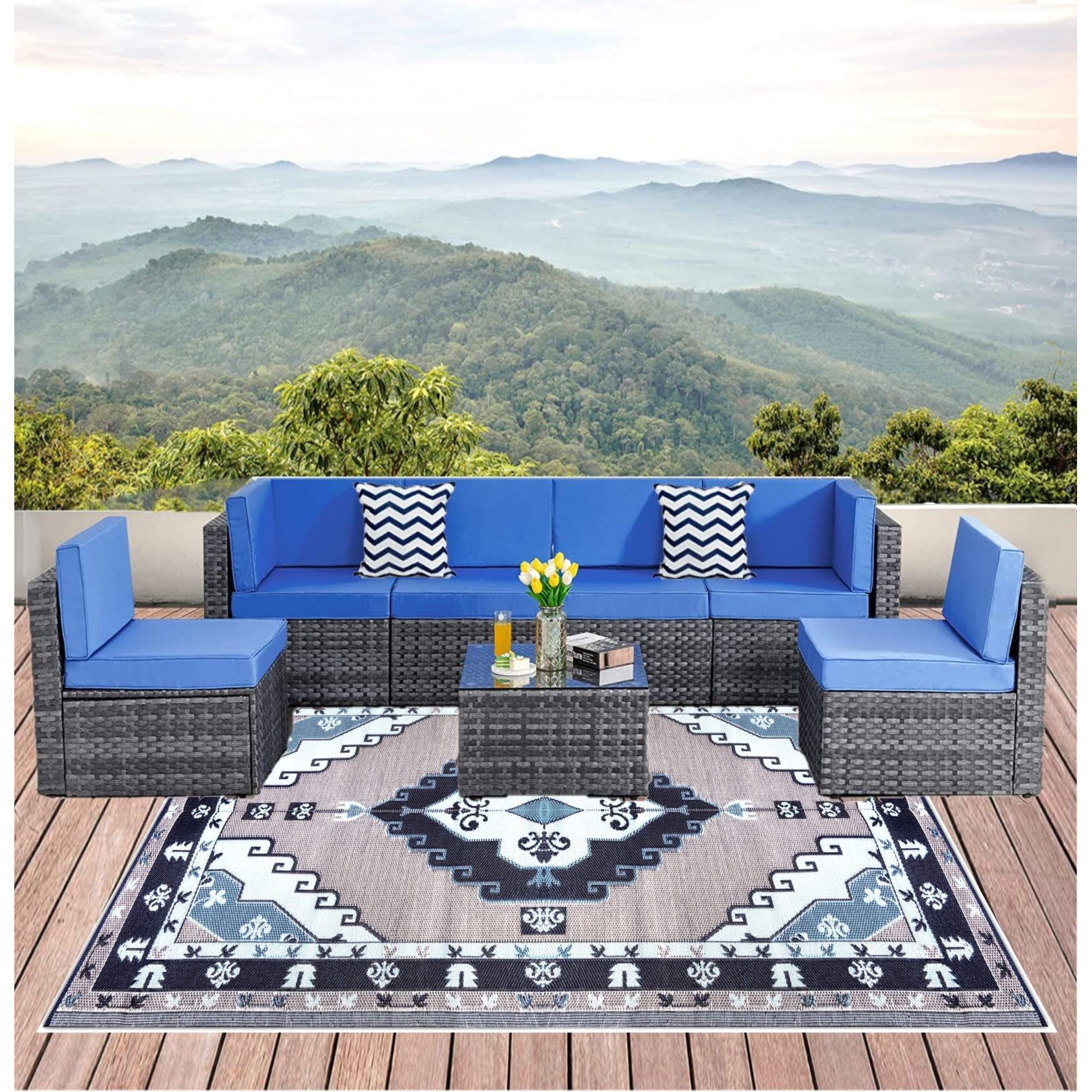 Balajeesusa Outdoor Rug - 6X9 Feet, Blue, Grey, Reversible, Portable, Duarable, Waterproof, Plastic Straw Patio Rugs, Large Rv Camper Mat 140