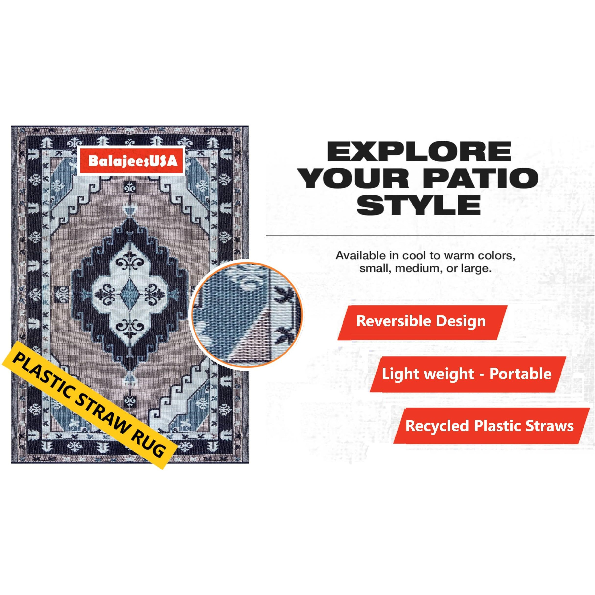 Balajeesusa Outdoor Rug - 6X9 Feet, Blue, Grey, Reversible, Portable, Duarable, Waterproof, Plastic Straw Patio Rugs, Large Rv Camper Mat 140