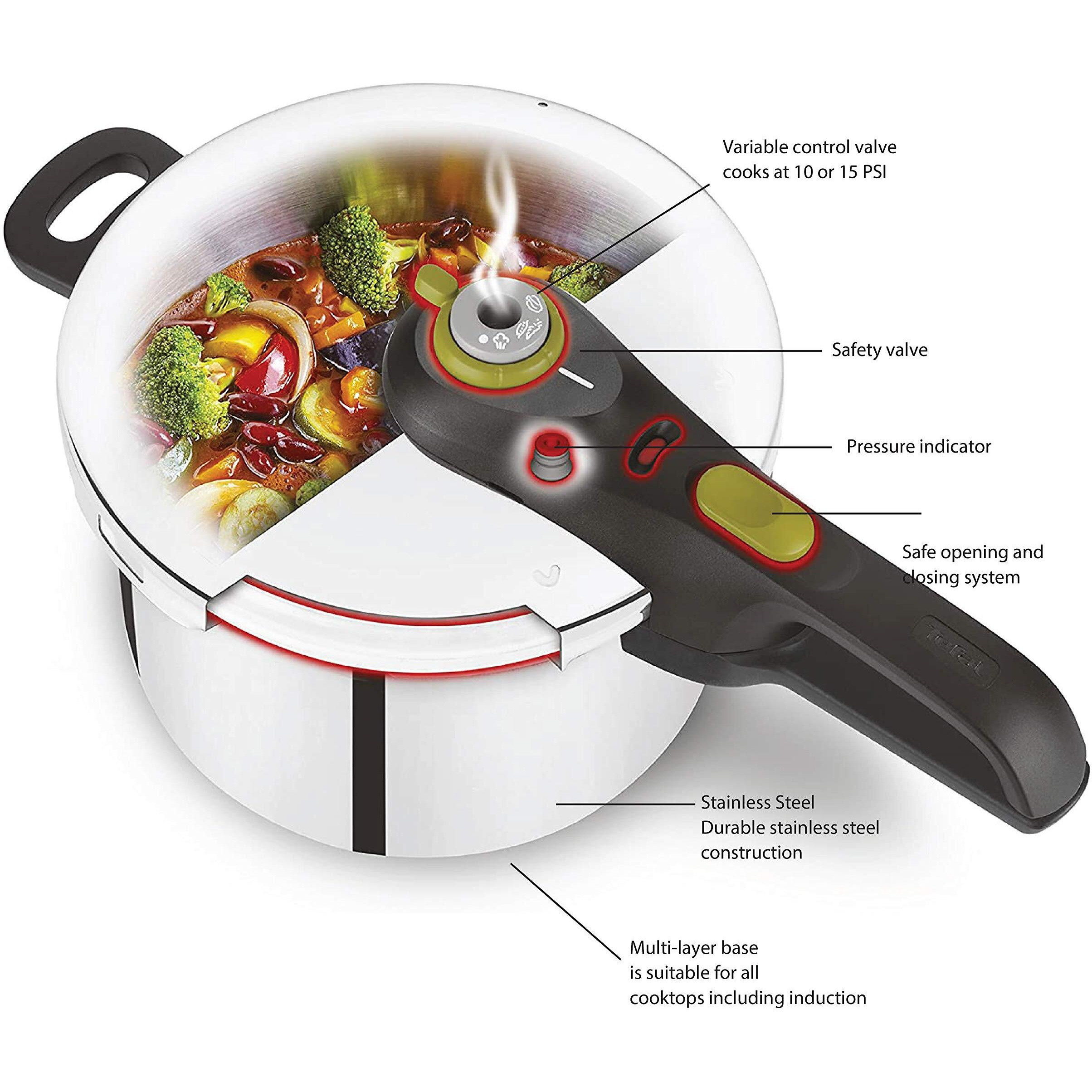 T-Fal Ultimate Stainless Steel Pressure Cooker 6.3 Quart, Induction Compatible, Secure Locking Lid, Safe & Easy To Use, Cookware, Pots And Pans, Kitchen, Dishwasher Safe, Silver