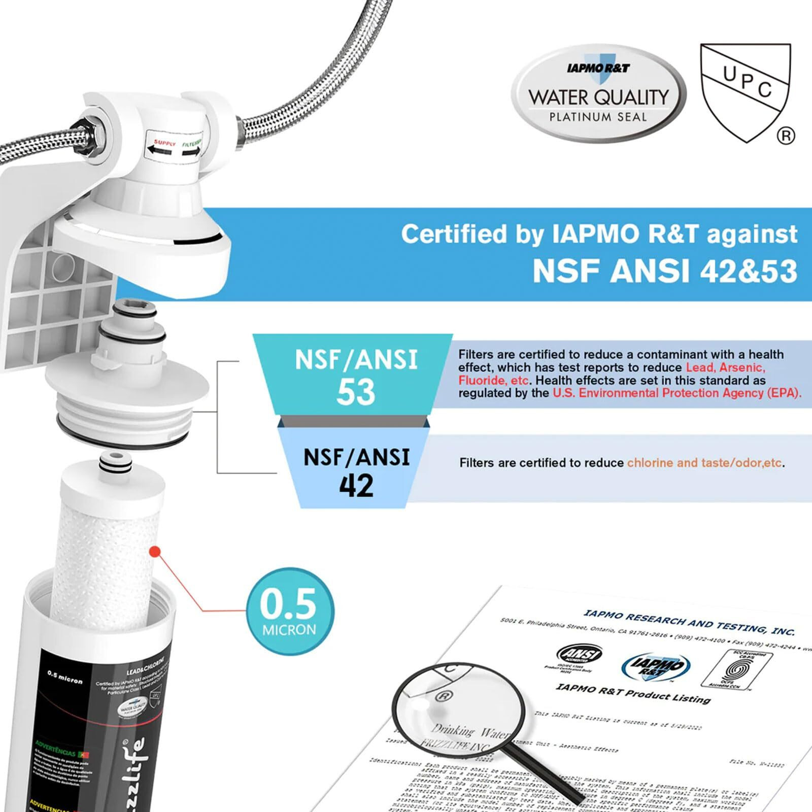 Frizzlife Under Sink Water Filter System-Nsf/Ansi 53&42 Certified High Capacity Direct Connect Under Counter Drinking Water Filtration System-0.5 Micron Reduces Lead, Chlorine, Bad Taste & Odor