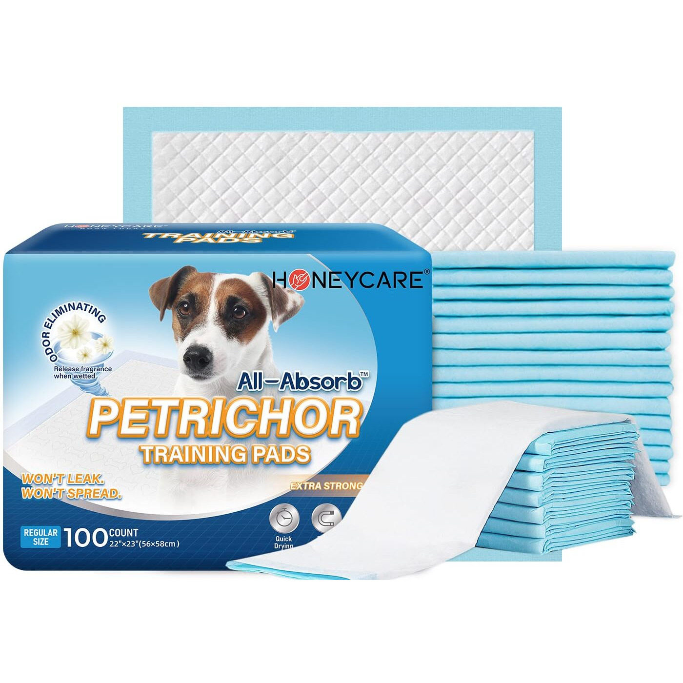 Honey Care All-Absorb, Large 22"" X 23"", 100 Count, Dog And Puppy Training Pads, Ultra Absorbent And Odor Eliminating, Leak-Proof 5-Layer Potty Training Pads With Quick-Dry Surface, Blue, A01