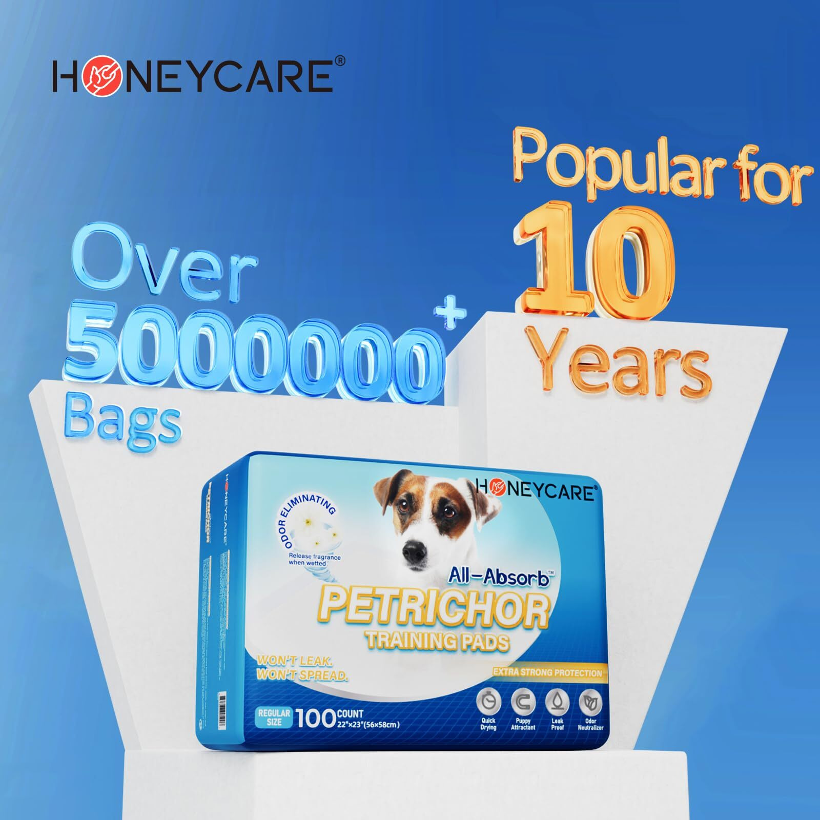 Honey Care All-Absorb, Large 22"" X 23"", 100 Count, Dog And Puppy Training Pads, Ultra Absorbent And Odor Eliminating, Leak-Proof 5-Layer Potty Training Pads With Quick-Dry Surface, Blue, A01