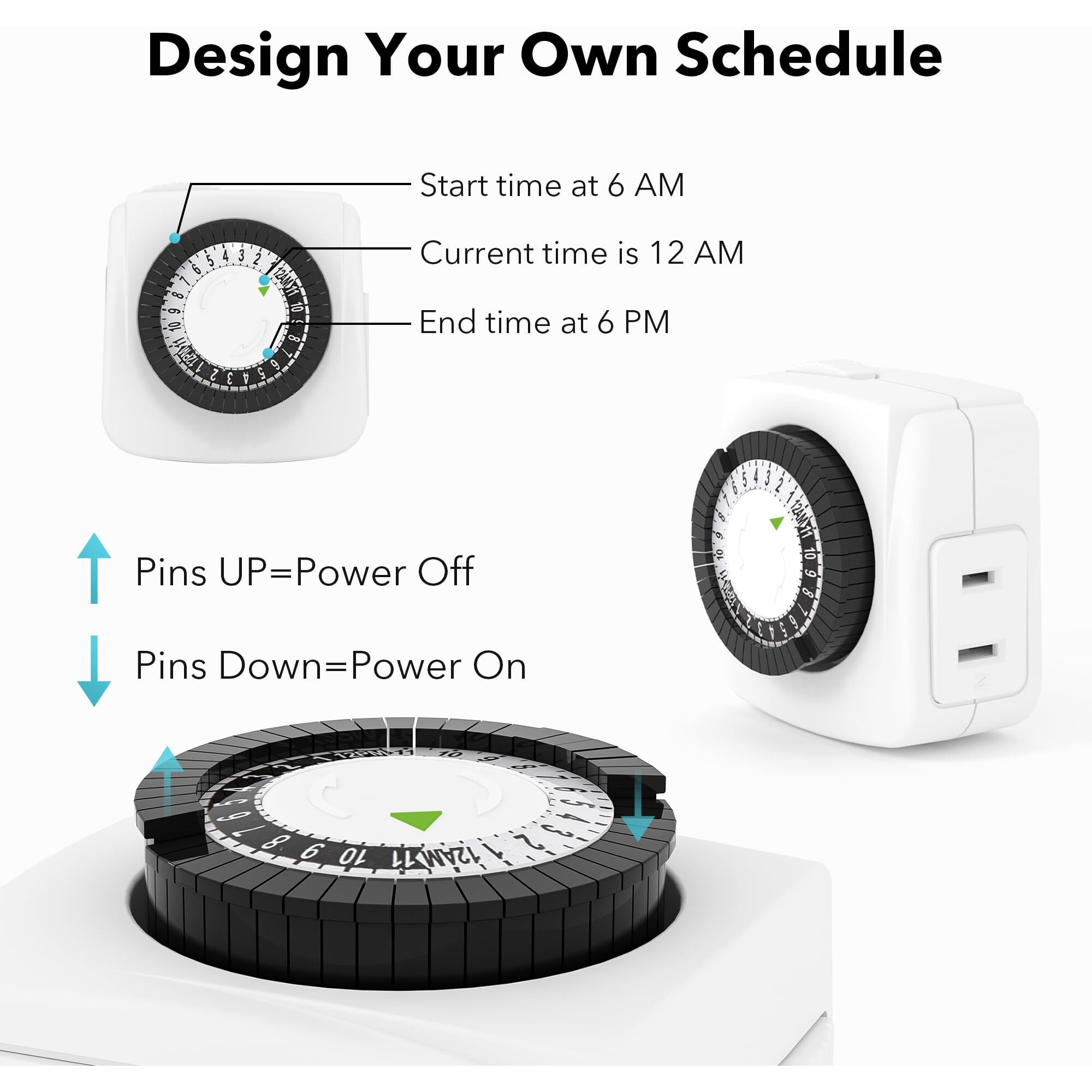 Bn-Link Indoor Timers Plug Mechanical 2 Prong 24-Hour Mini Lamp Timers 2 Pack, For Electrical Outlets, Fish Tank, Fans, Led Lights