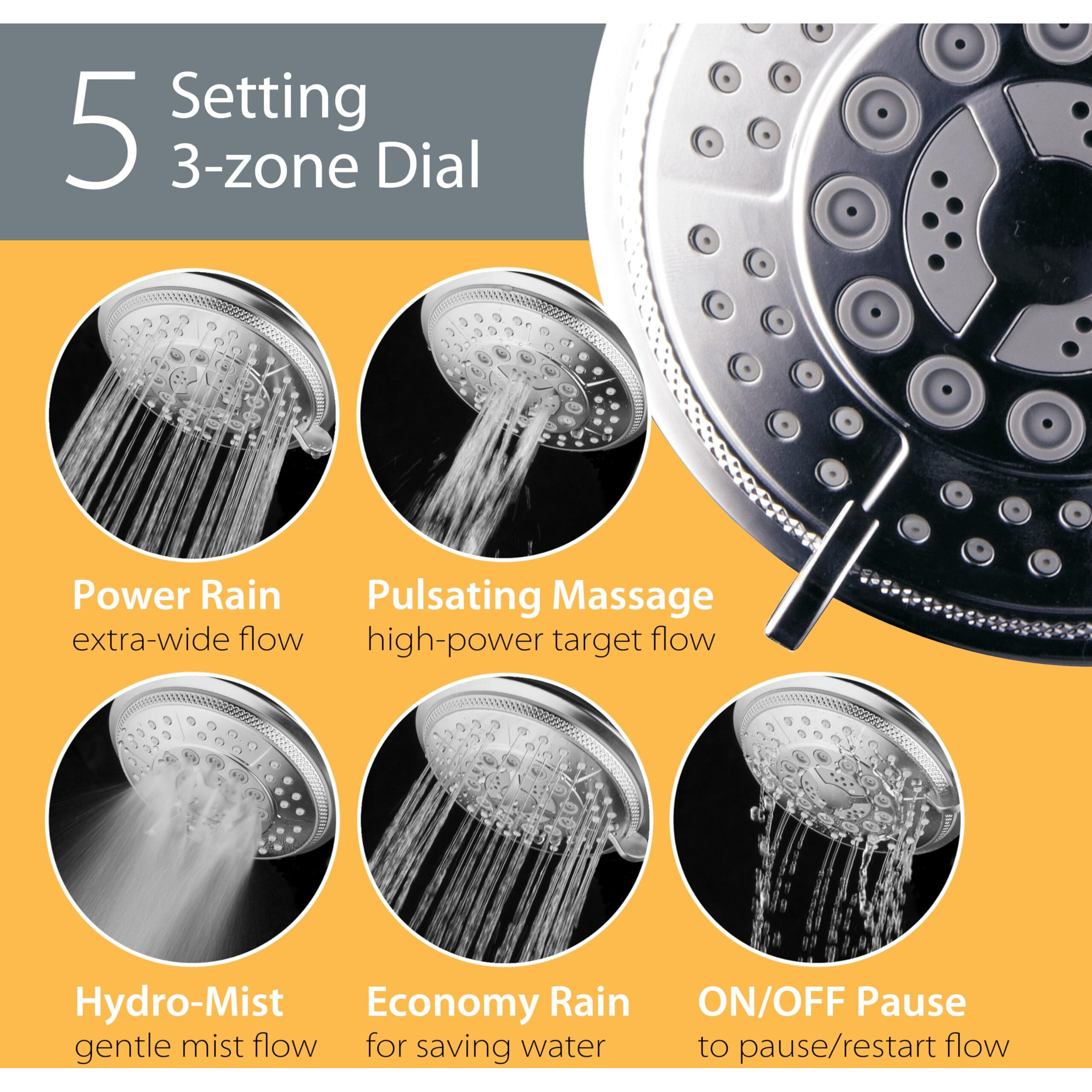 Hydroluxe 1433 Handheld Showerhead & Rain Shower Combo. High Pressure 24 Function 4"" Face Dual 2 In 1 Shower Head System With Stainless Steel Hose, Patented 3-Way Water Diverter In All-Chrome Finish