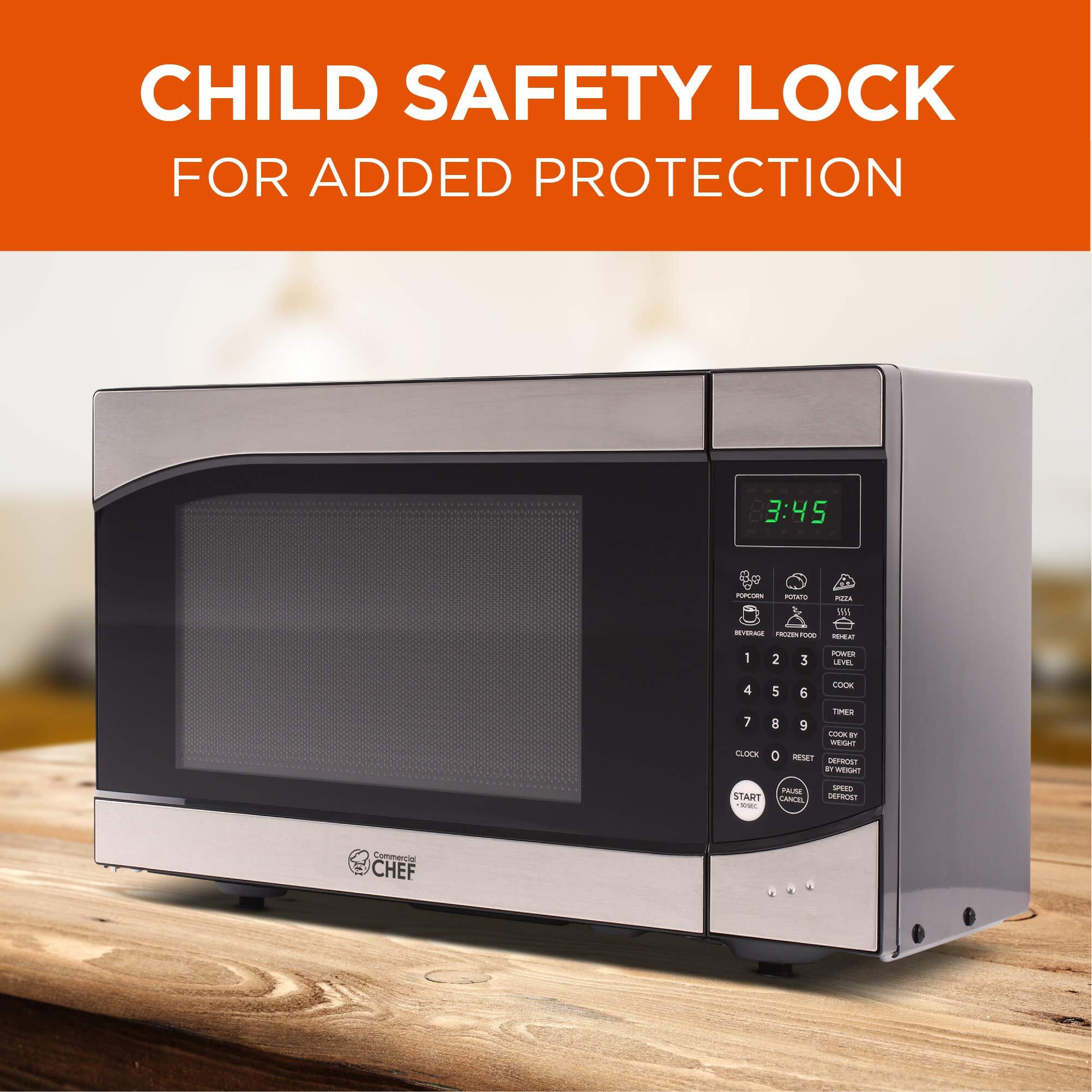 Commercial Chef 0.9 Cu Ft Microwave With 10 Power Levels, Push Button And Child Lock, 900 Watt Microwave With Digital Controls, Countertop Microwave With Timer And Quick-Touch Menu, Stainless Steel