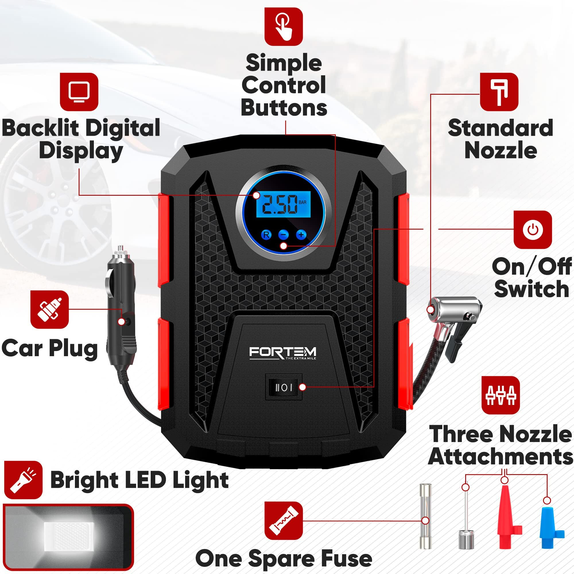 Fortem Tire Inflator Portable Air Compressor 150 Psi, 12V Electric Bike Pump For Car Tires And Bicycles W/Led Light, Digital Tire Pressure Gauge W/Auto Pump/Shut Off, Carrying Case (Red)