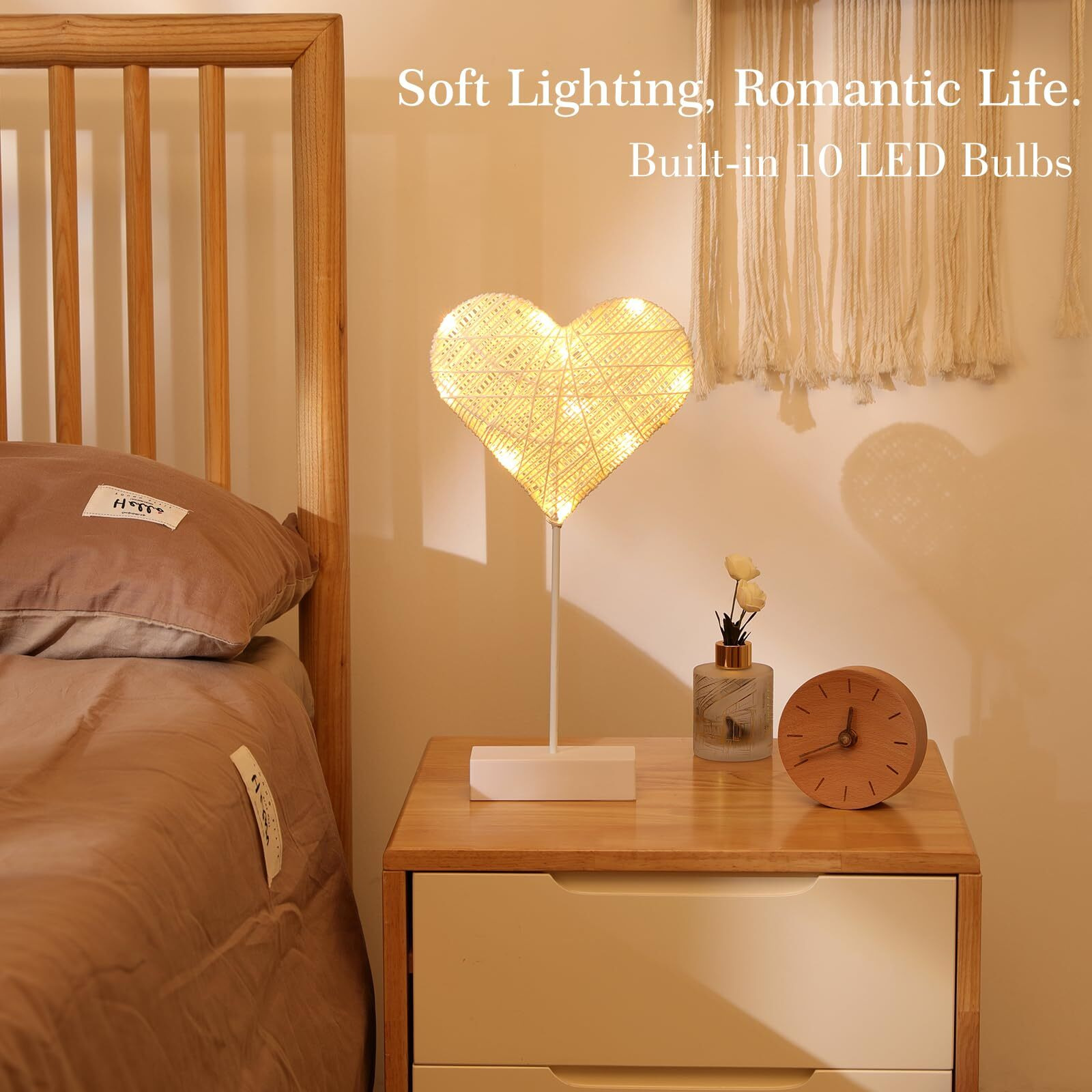 Lewondr Decorative Table Lamp, Heart Led Light Winding Cotton Thread Night Lamp For Bedroom, Battery Powered Desk Lamp For Tables Heart Decorations Xmas Home Romantic Bedside Table Lamp, White