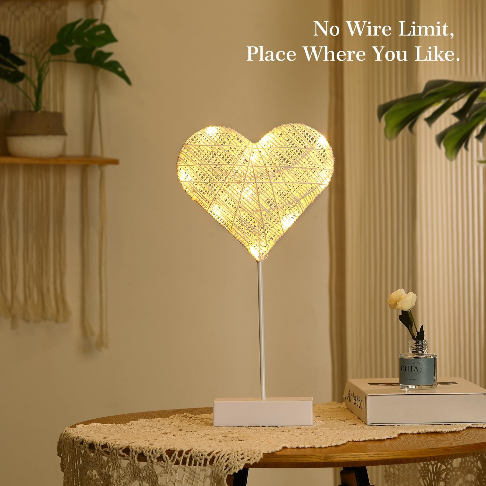 Lewondr Decorative Table Lamp, Heart Led Light Winding Cotton Thread Night Lamp For Bedroom, Battery Powered Desk Lamp For Tables Heart Decorations Xmas Home Romantic Bedside Table Lamp, White