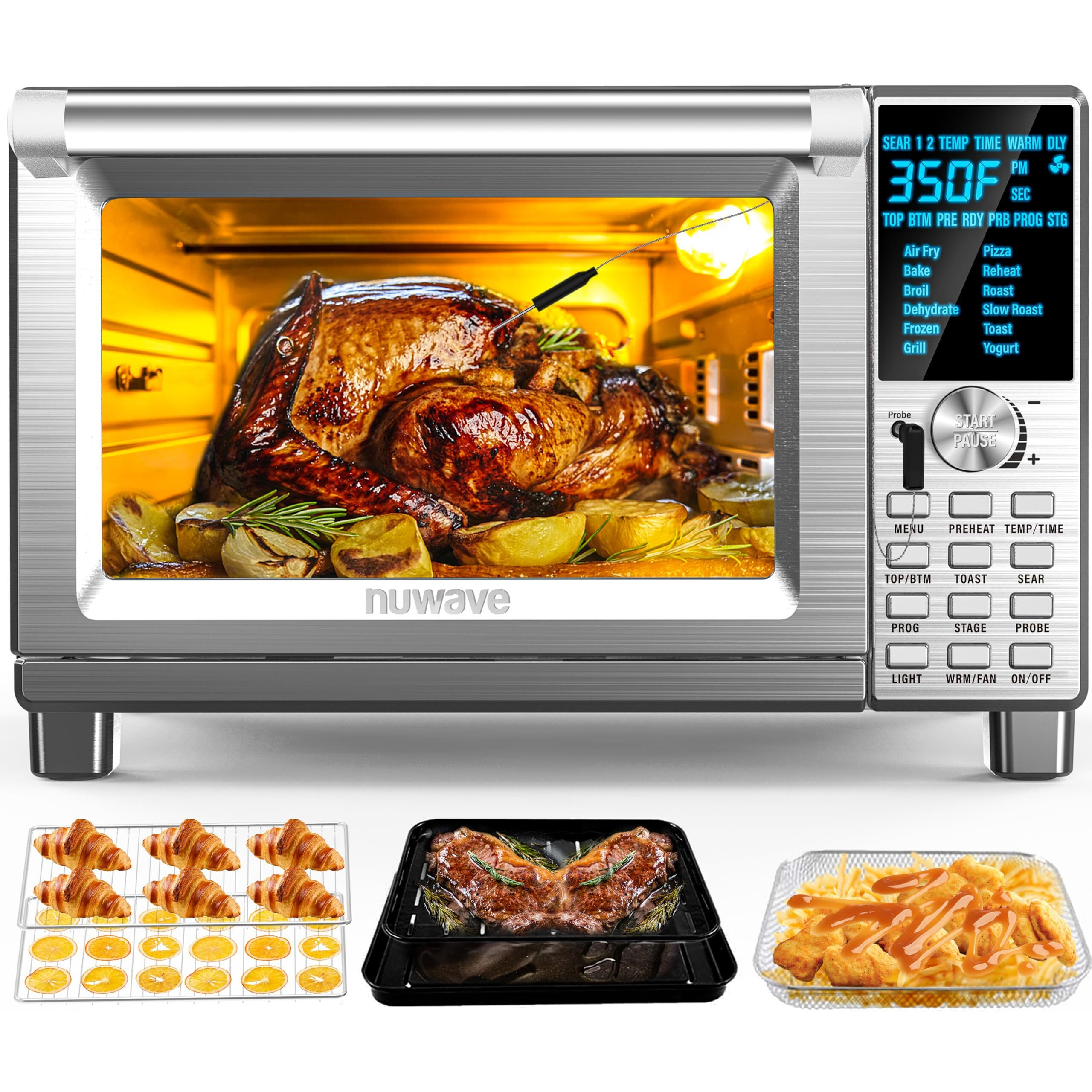 Nuwave Bravo Air Fryer Toaster Smart Oven, 12-In-1 Countertop Convection, 30-Qt Xl Capacity, 50-500F Temperature Controls, Top And Bottom Heater Adjustments 0%-100%, Brushed Stainless Steel Look