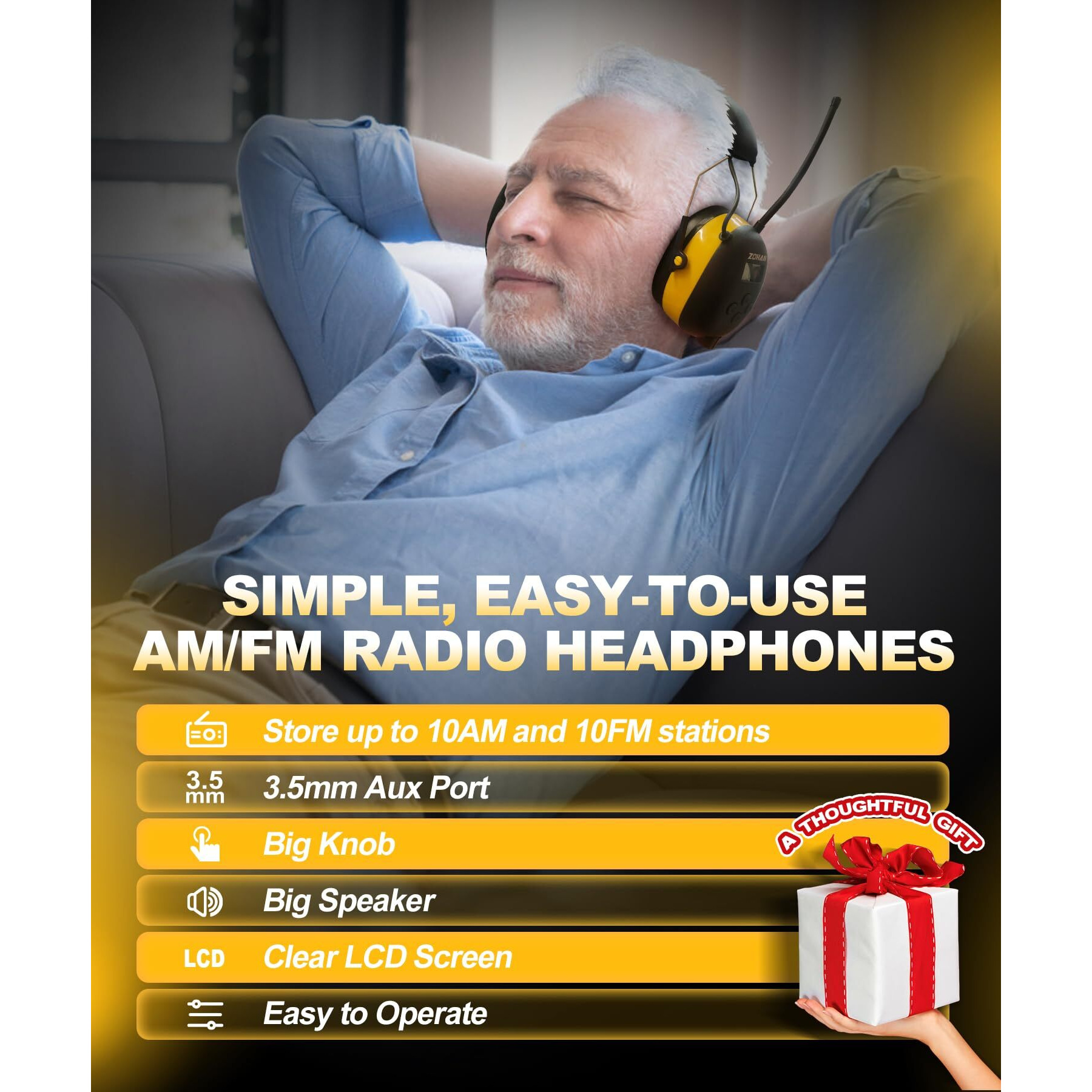 Zohan Em042 Am/Fm Radio Headphone With Digital Display,Ear Protection Noise Reduction Safety Ear Muffs,Ultra Comfortable Hearing Protector For Lawn Mowing And Landscaping - Yellow