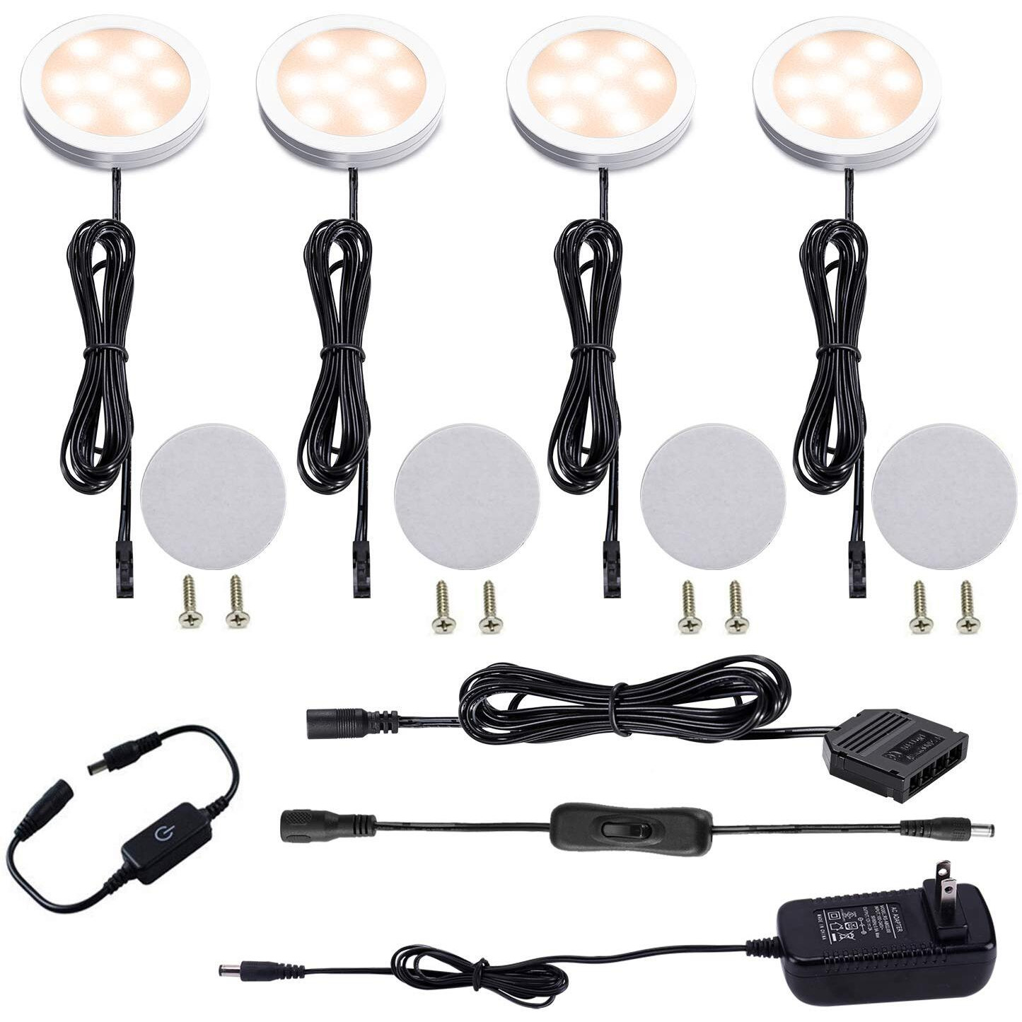 Aiboo Under Cabinet Led Puck Lights Kit With Touch Dimming Switch For Ambiance Atmosphere Night Lighting (4 Lights,Warm White)