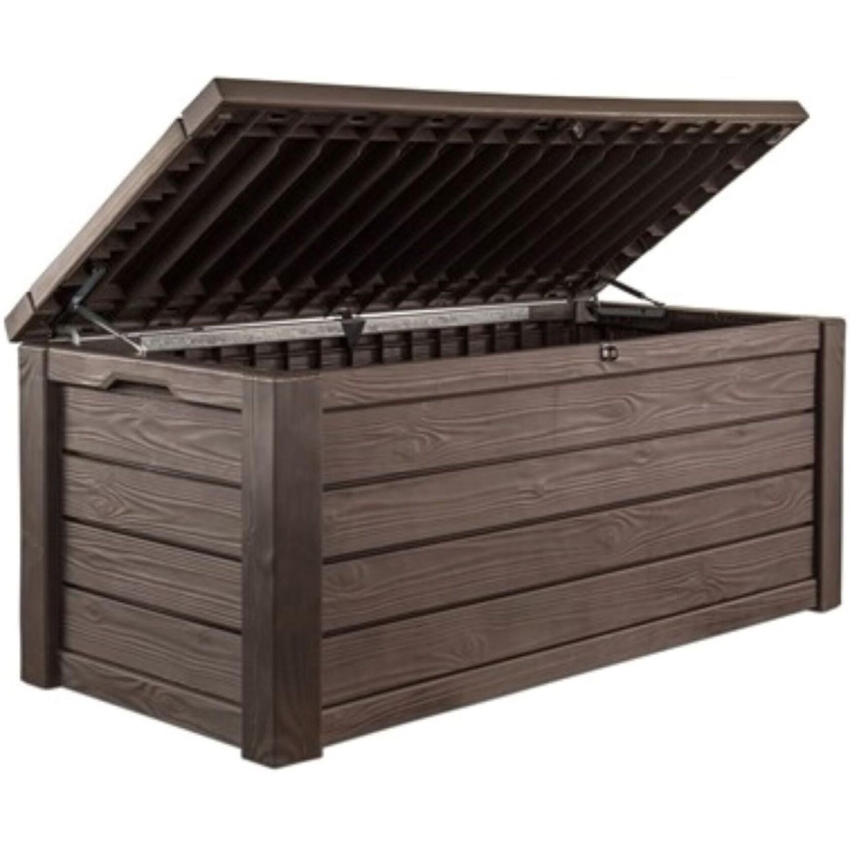 Keter Westwood 570L Storage Box, All-Weather Resin Deck Box And Stylish Outdoor Bench With Piston-Assisted Lockable Lid & Side Handles, Espresso Brown