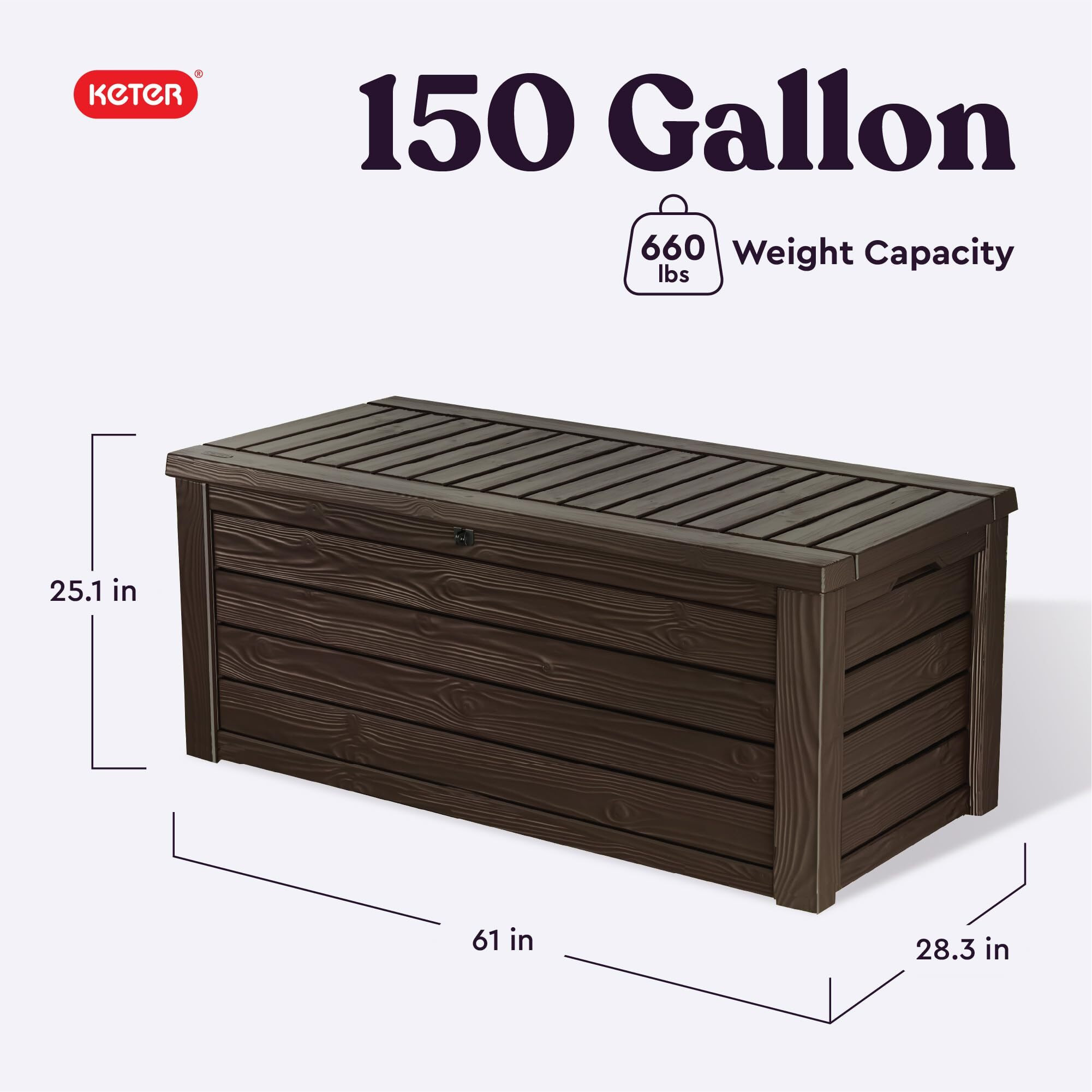 Keter Westwood 570L Storage Box, All-Weather Resin Deck Box And Stylish Outdoor Bench With Piston-Assisted Lockable Lid & Side Handles, Espresso Brown