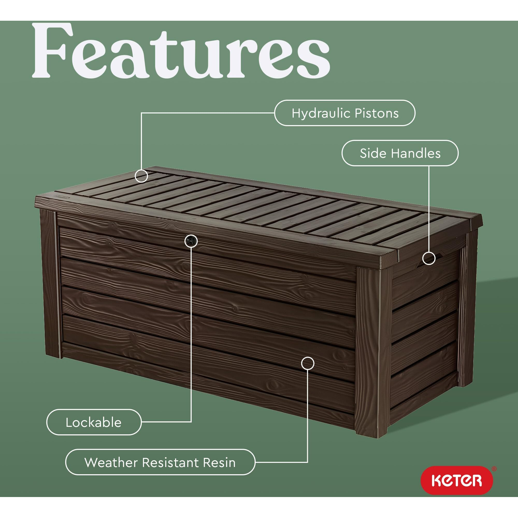 Keter Westwood 570L Storage Box, All-Weather Resin Deck Box And Stylish Outdoor Bench With Piston-Assisted Lockable Lid & Side Handles, Espresso Brown