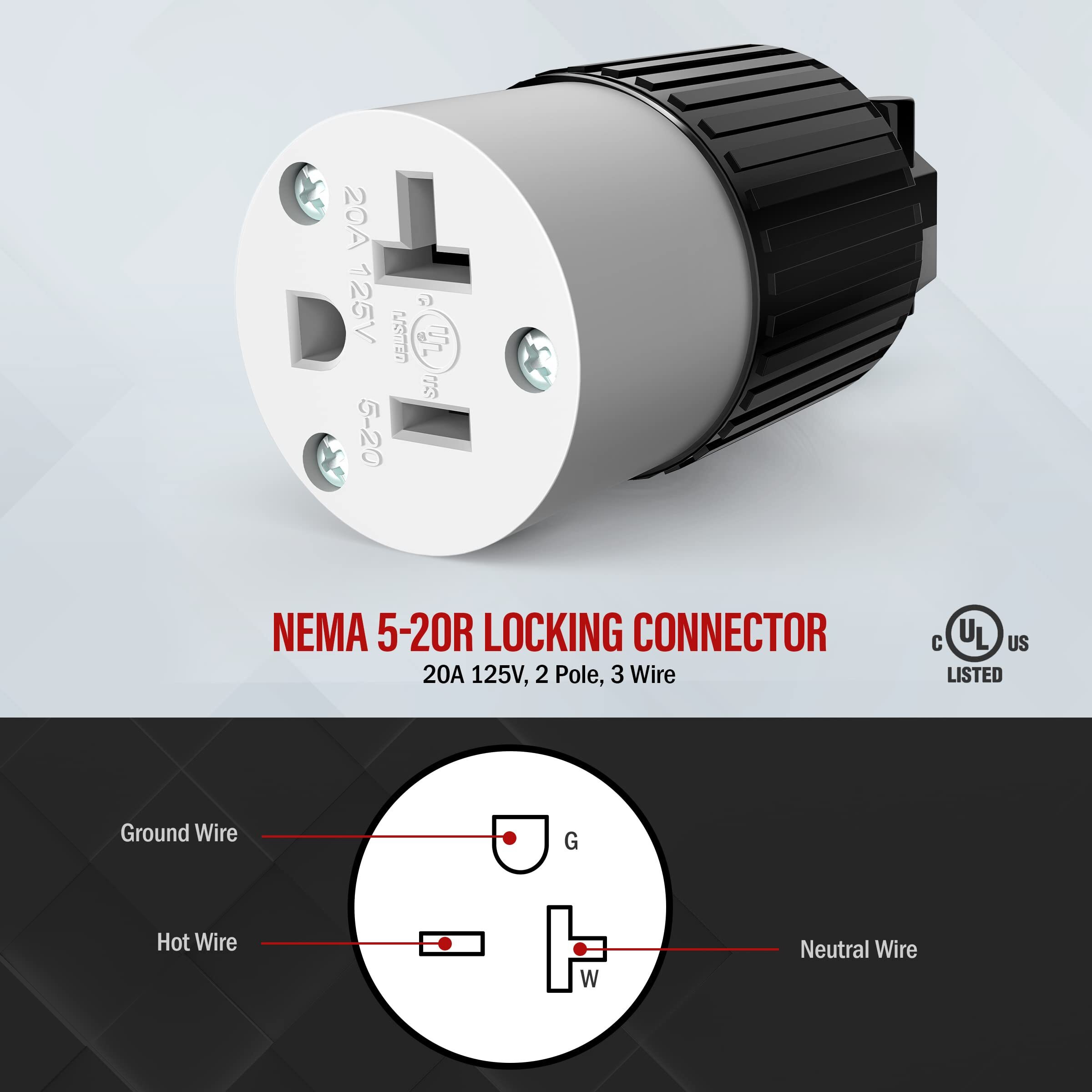 Enerlites Nema 5-20R Straight Blade Connector, Female Plug Replacement Cord Outlet, 20 Amp, 125 Volt, 2 Pole, 3 Wire Grounding, Industrial Grade, Heavy Duty, Ul Listed, 66211-Bk, Black