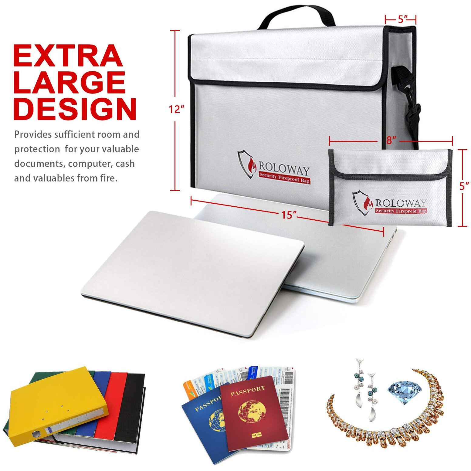 Roloway Fireproof Document & Money Bags, Large Fireproof & Water Resistant Bag (15 X 12 X 5 Inches), Fireproof Folder Safe Bag For Cash, Valuables & Passport, With Silicone Coating & Zipper Closure