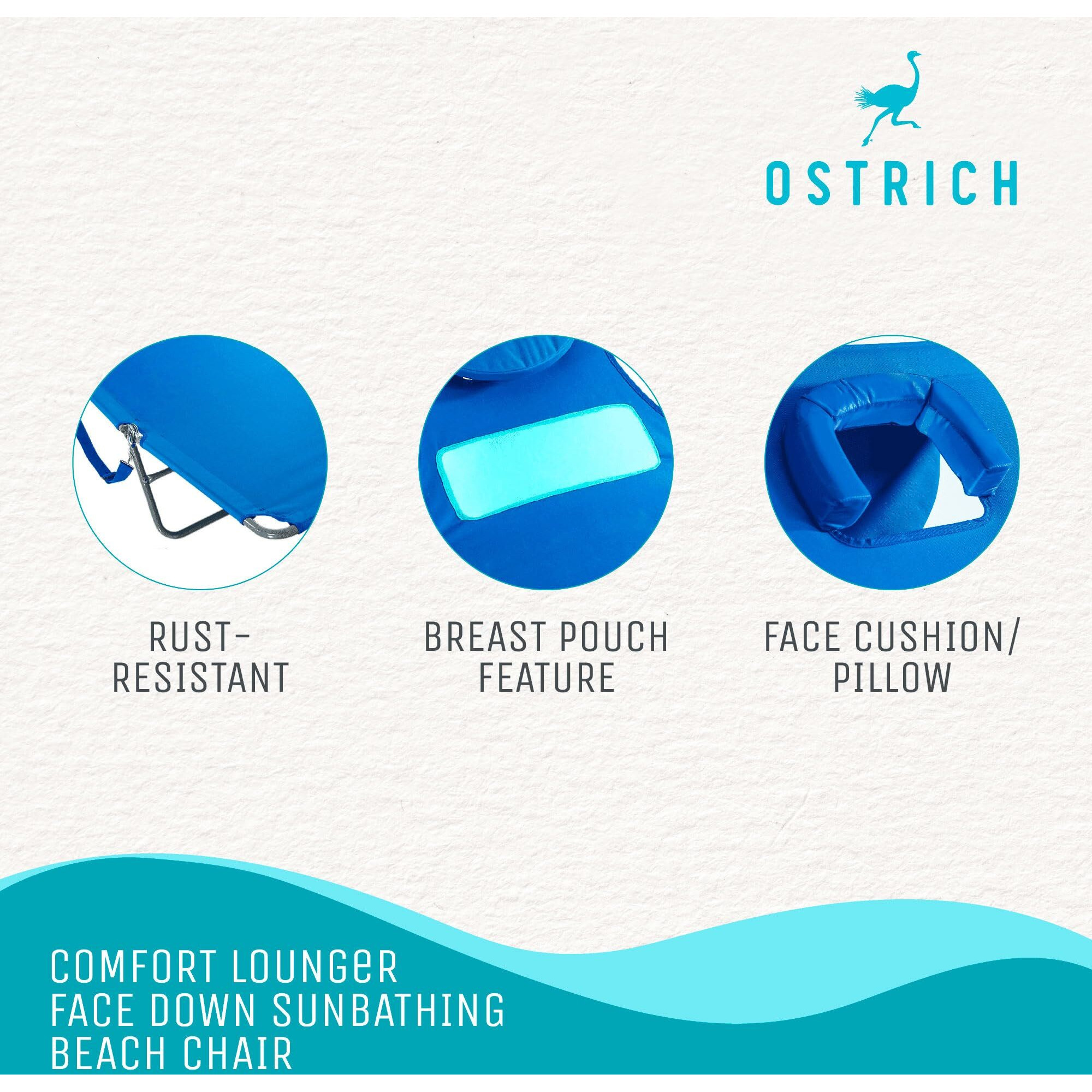 Ostrich Ladies Comfort Lounger Portable Reclining Outdoor Patio Beach Lawn Camping Pool Tanning Chair With Chest Support, Ocean Blue