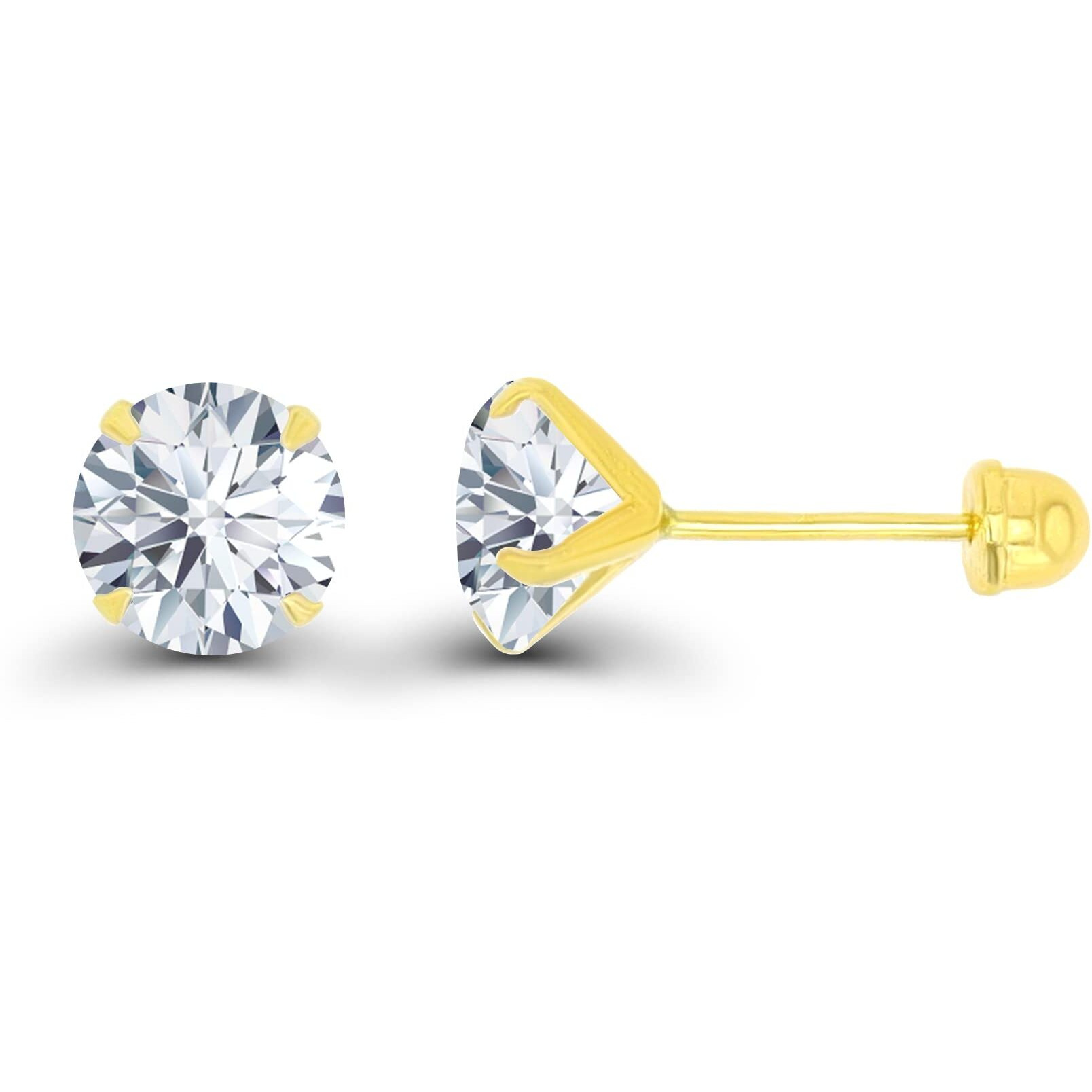 Solid 14K Yellow Gold Hypoallergenic Round Cubic Zirconia Solitaire Stud Earrings With Secure Ball Screw Backs For Women, 5Mm