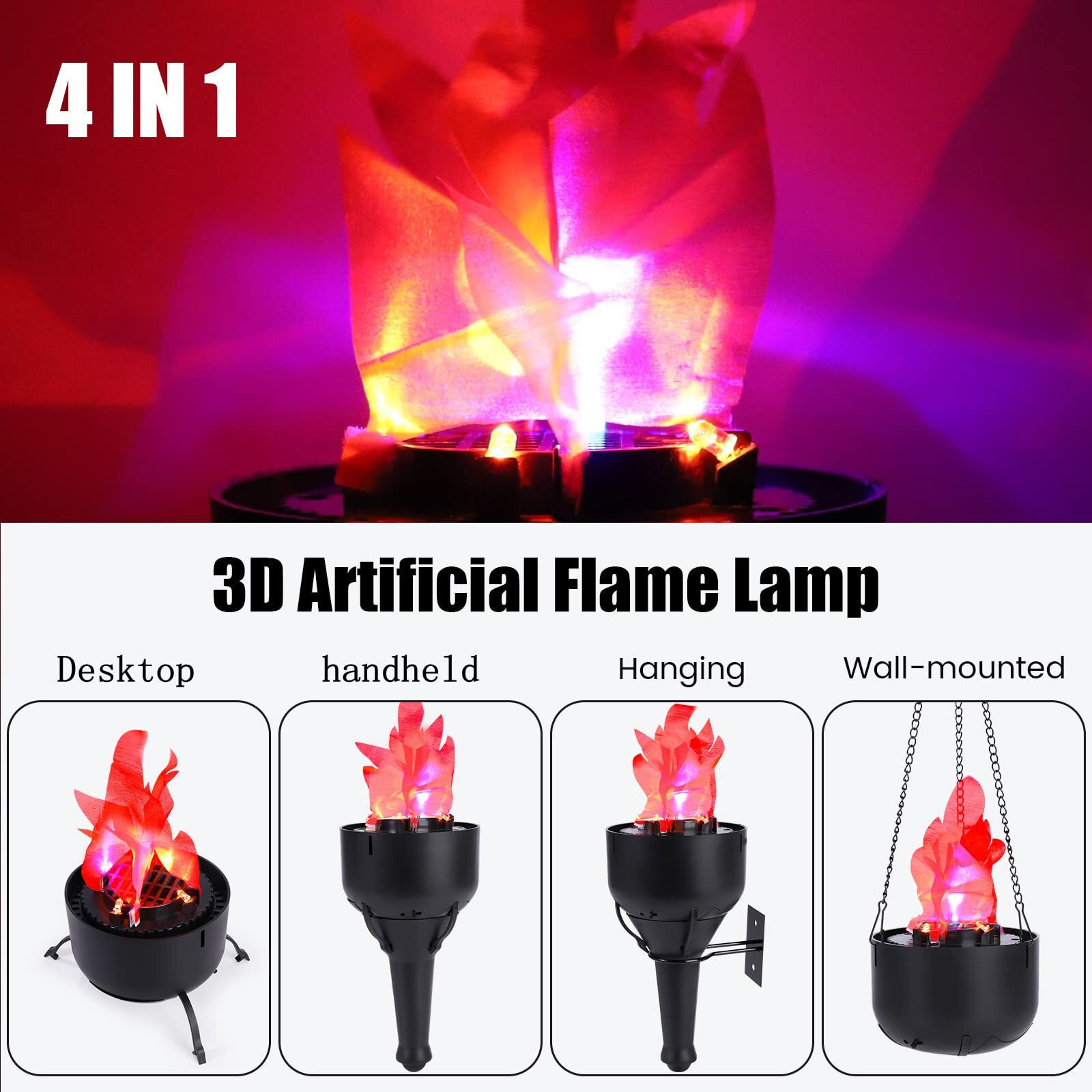 Topchances Battery Operated Fake Fire Lamp,3D Artificial Fire Flames 4 In 1 Campfire Realistic Effect Light Faux Table Top Flame Bowl Hanging Flame Light For Christmas Halloween Stage Club Decor