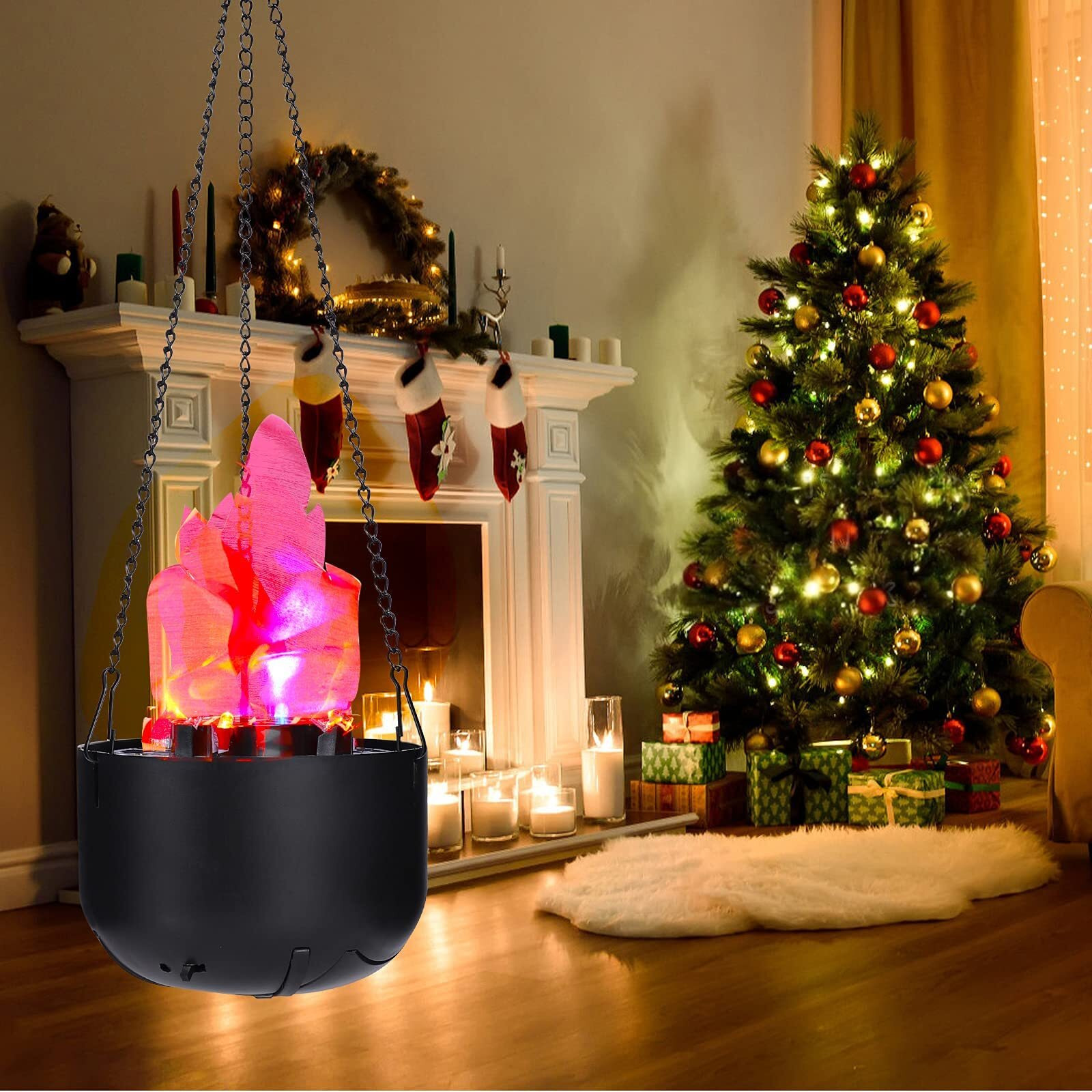 Topchances Battery Operated Fake Fire Lamp,3D Artificial Fire Flames 4 In 1 Campfire Realistic Effect Light Faux Table Top Flame Bowl Hanging Flame Light For Christmas Halloween Stage Club Decor