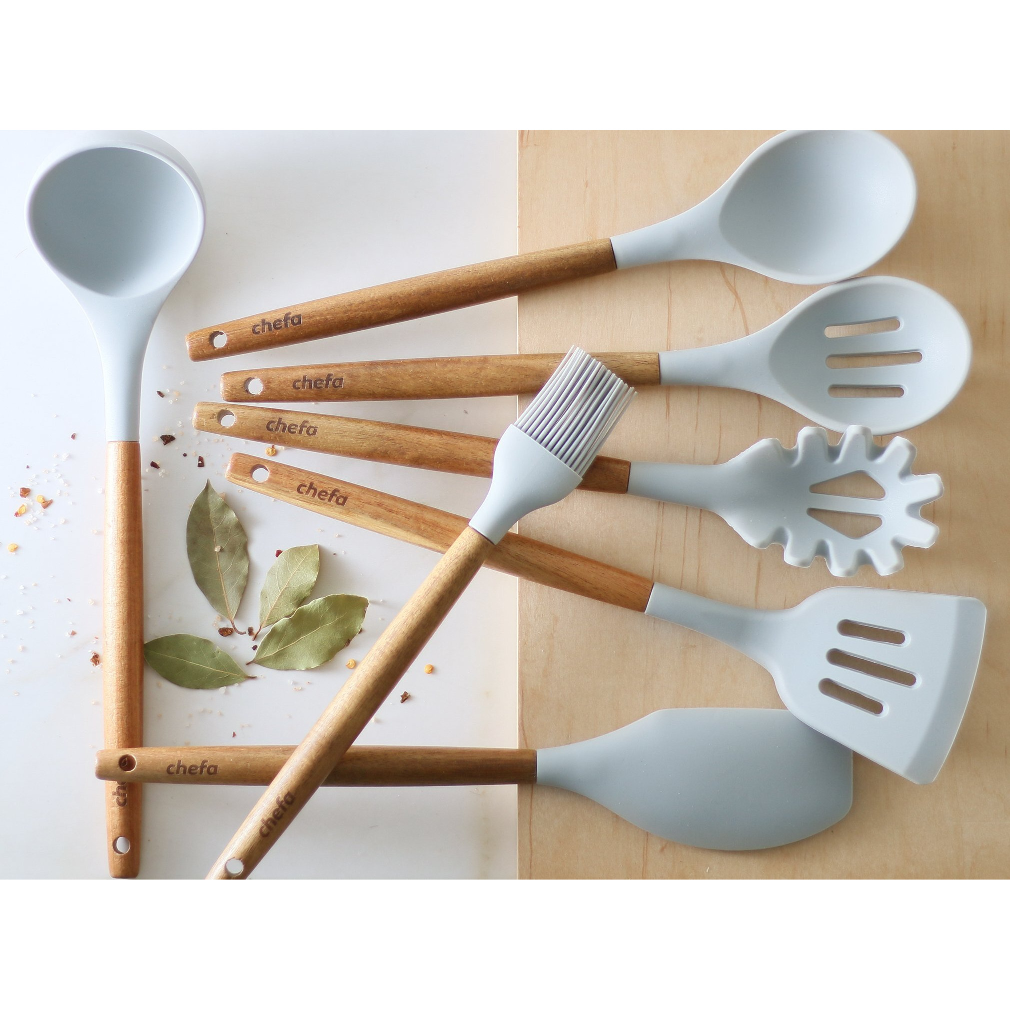 Silicone Cooking Utensils | Wooden Handle, Non-Stick Cookware Heat Resistant Kitchen Utensil Spatula, Slotted & Solid Spoon, Soup Ladle, Slotted Turner And Spaghetti Server,| Acacia Wood - Light Grey