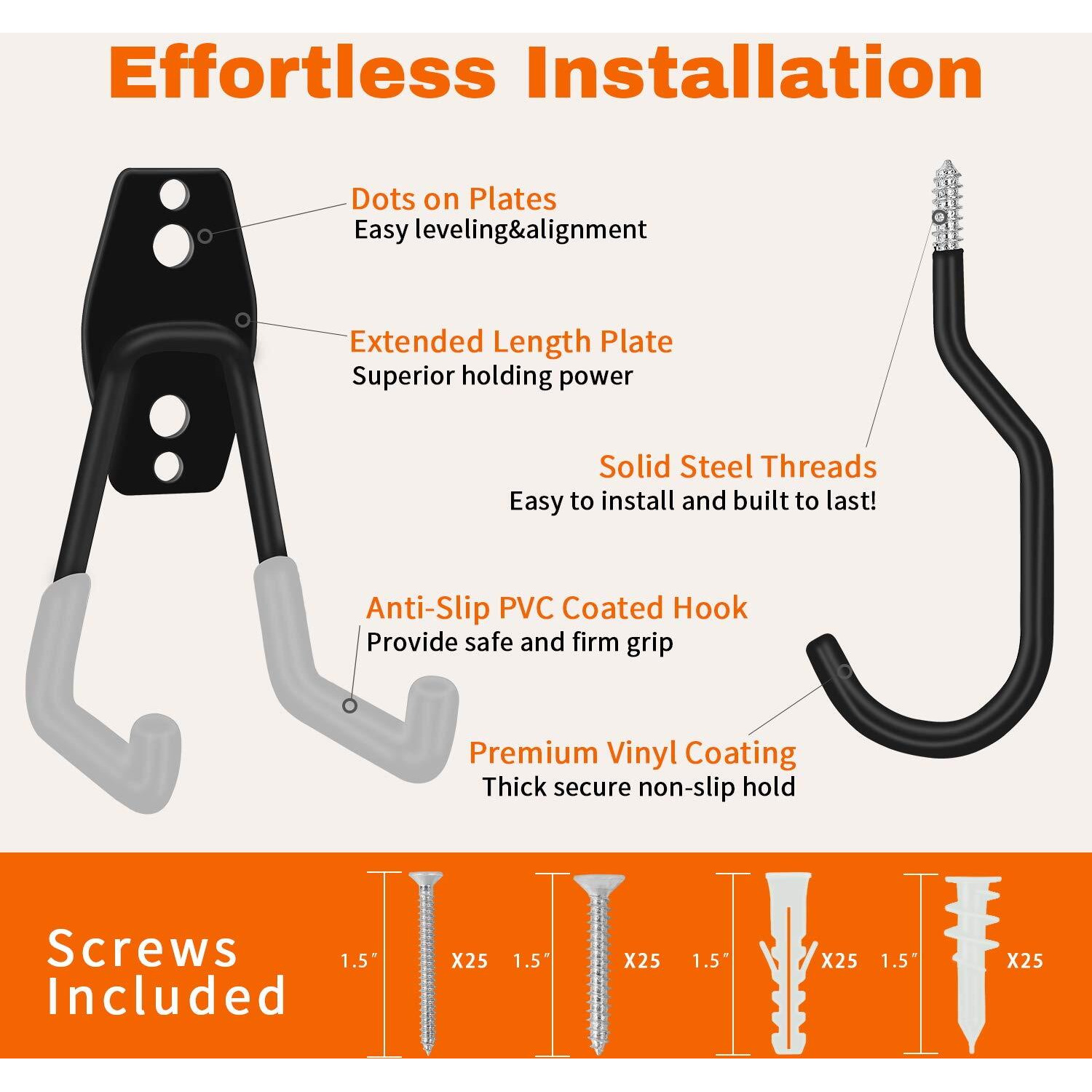Smartology Garage Hooks With Bike Hook & Extension Cord Organizer, 15 Pack Set Steel Multi-Tool Hanger, Heavy Duty Utility Storage Holder For Home & Warehouse Lawn Garden Tool Organizer
