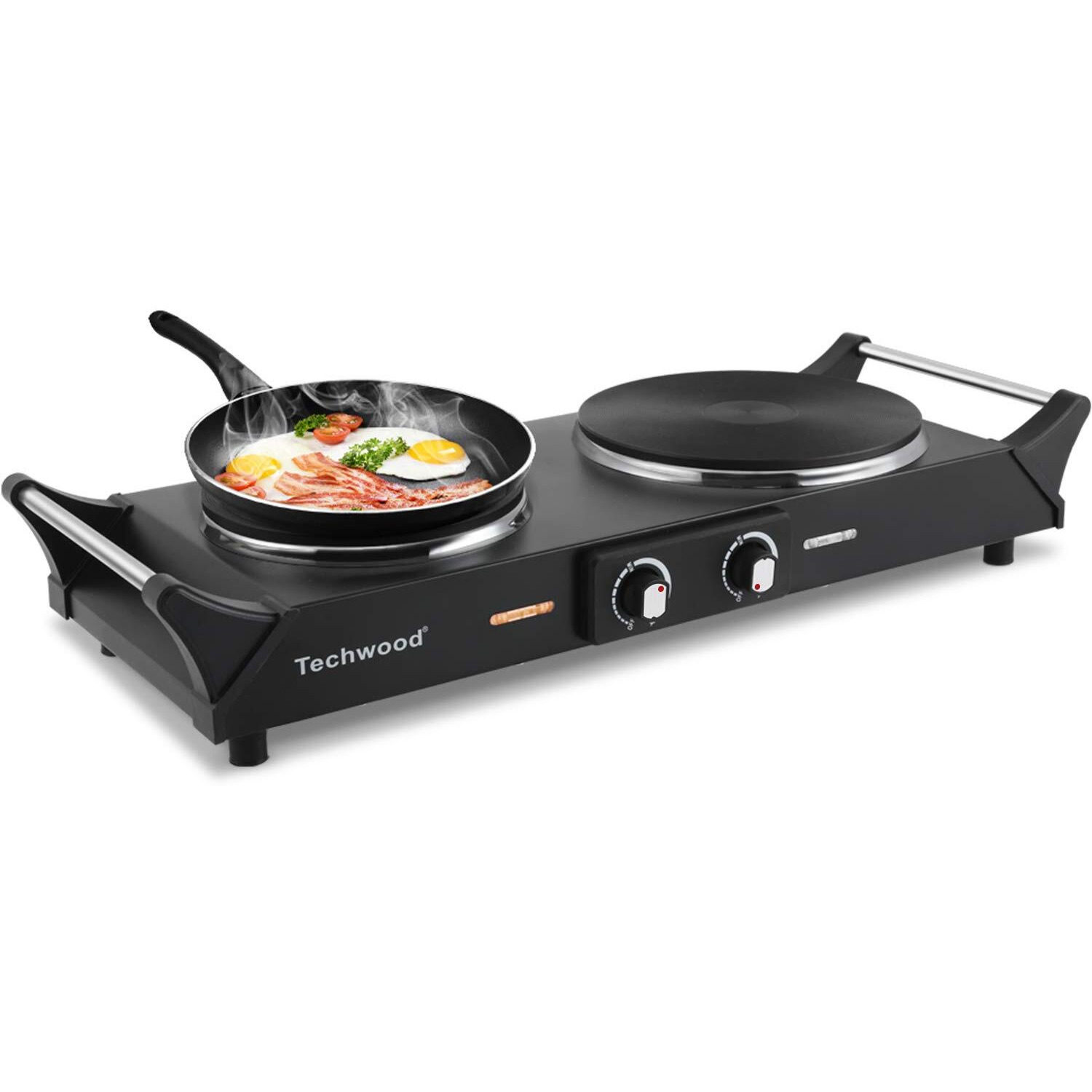 Techwood 1800W Hot Plate Portable Electric Stove Countertop Double Burner With Adjustable Temperature & Stay Cool Handles, 7.5    Cooktop For Rv/Home/Camp, Compatible For All Cookwares