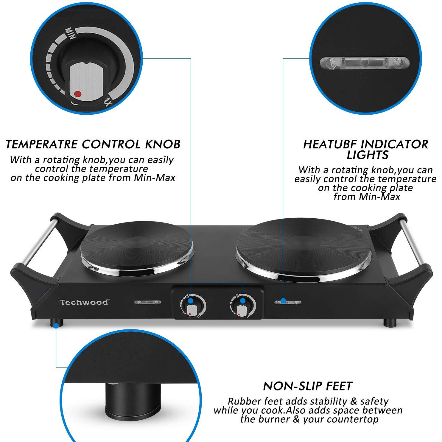 Techwood 1800W Hot Plate Portable Electric Stove Countertop Double Burner With Adjustable Temperature & Stay Cool Handles, 7.5    Cooktop For Rv/Home/Camp, Compatible For All Cookwares