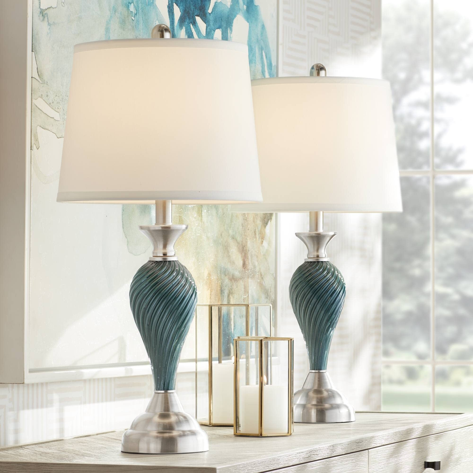 Regency Hill Arden 25"" High Twist Column Modern Coastal Table Lamps Set Of 2 Green-Blue Glass Living Room Bedroom Bedside Nightstand House Office Home Reading Kitchen Entryway Console Family
