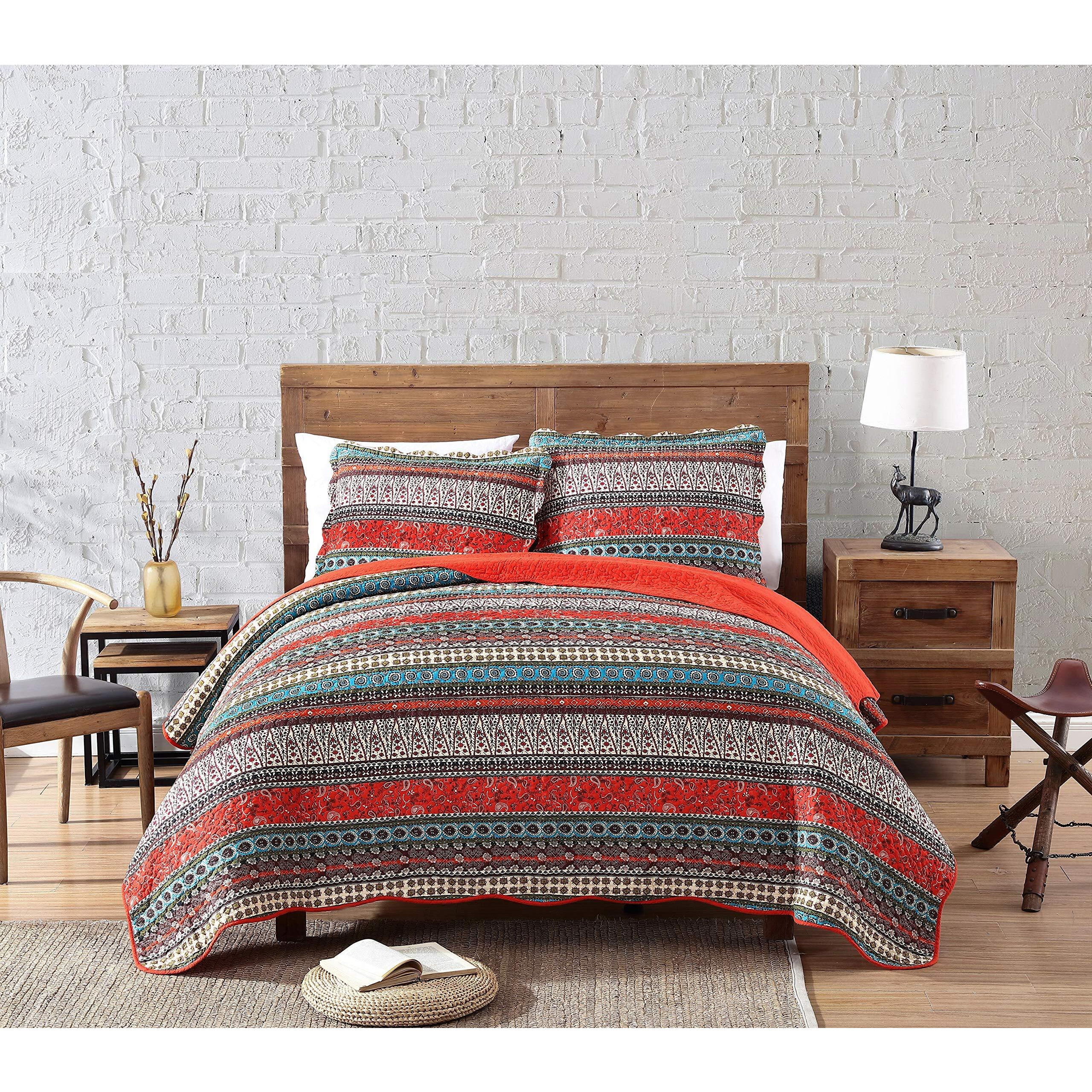 Chezmoi Collection Odette 3-Piece Boho Chic Rust Orange Brown And Red Pre-Washed 100% Cotton Bohemian Bedspread Quilt Set, King Size