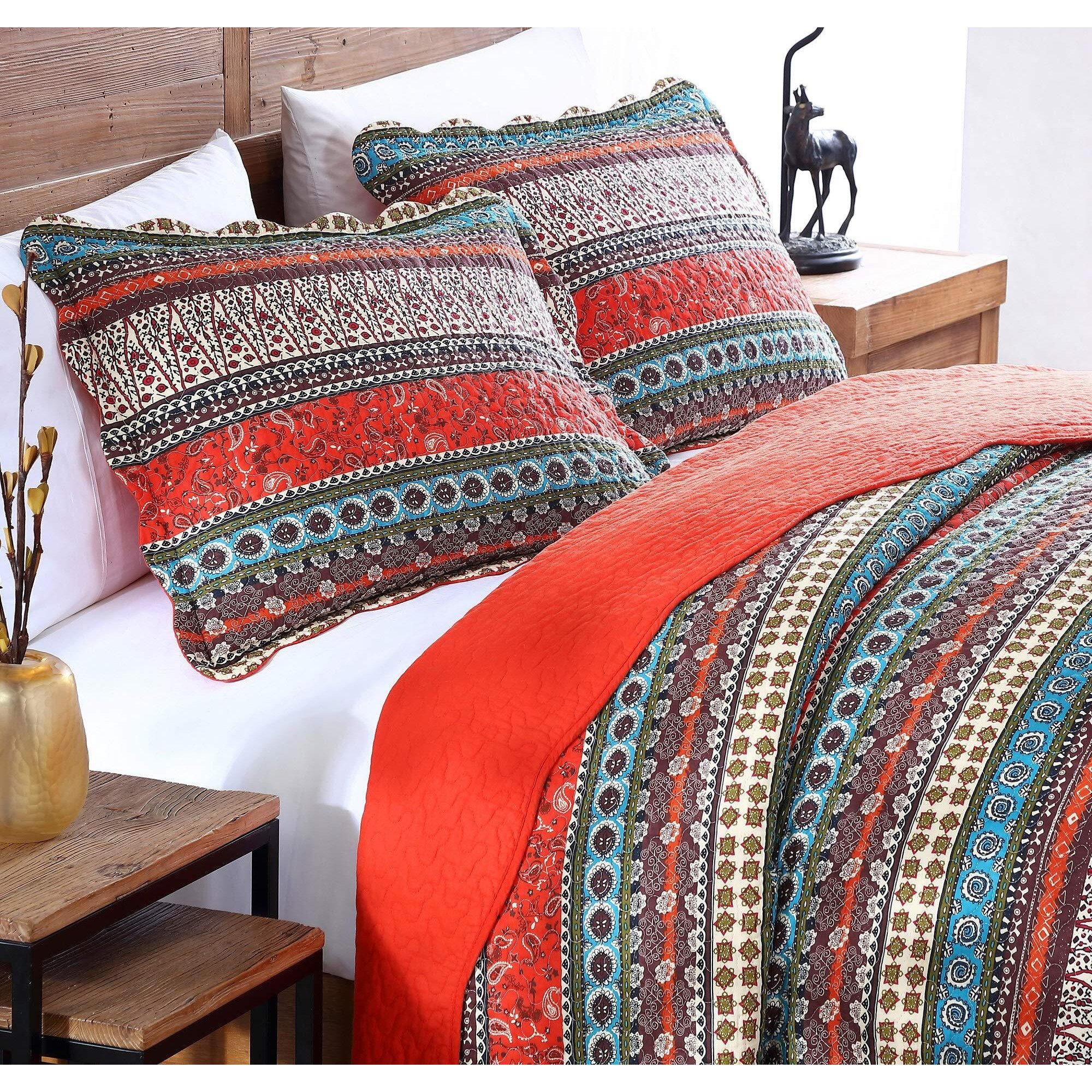 Chezmoi Collection Odette 3-Piece Boho Chic Rust Orange Brown And Red Pre-Washed 100% Cotton Bohemian Bedspread Quilt Set, King Size