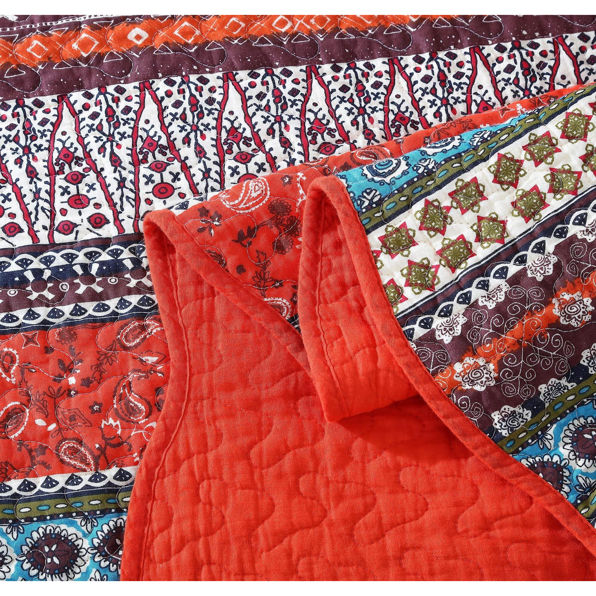 Chezmoi Collection Odette 3-Piece Boho Chic Rust Orange Brown And Red Pre-Washed 100% Cotton Bohemian Bedspread Quilt Set, King Size