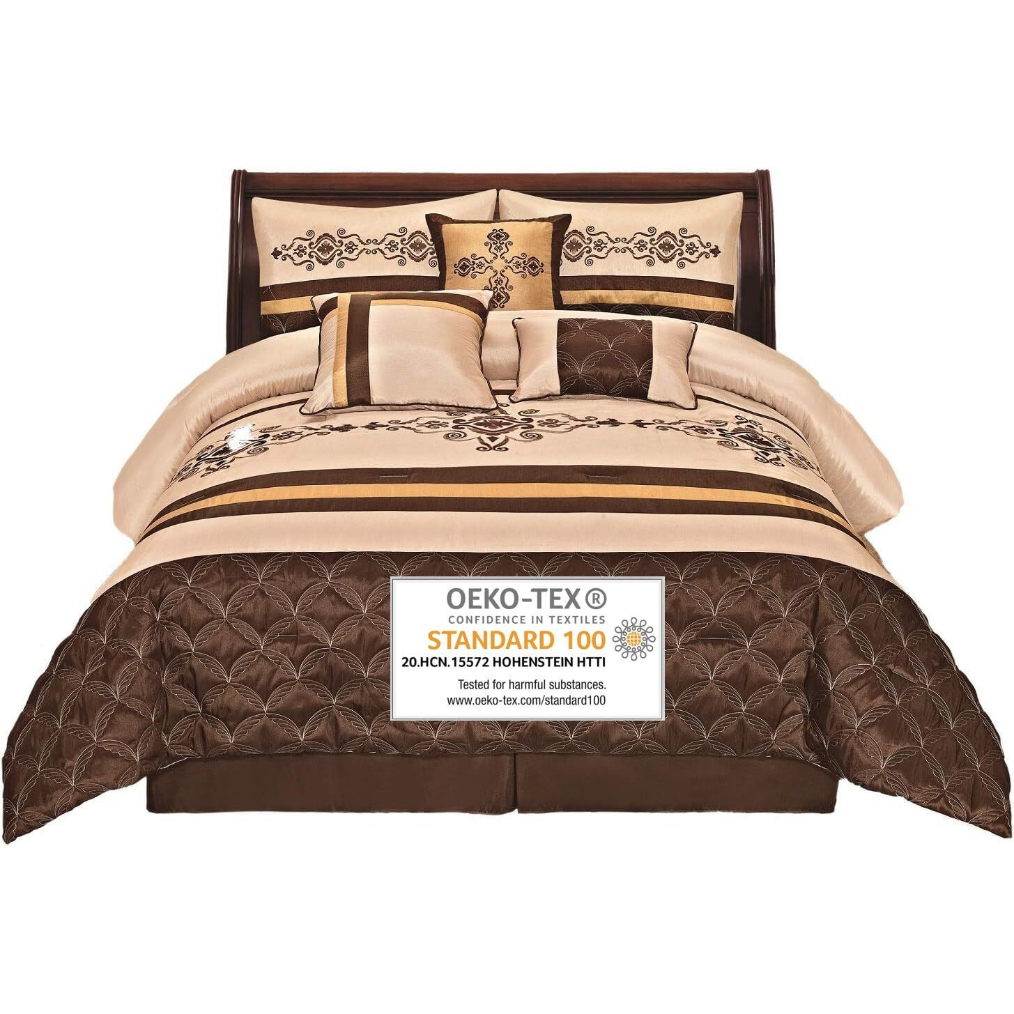 Wpm World Products Mart 7 Pieces Complete Bedding Ensemble Beige Brown Gold Luxury Embroidery Comforter Set Bed-In-A-Bag Bedding- Yasmen (Queen)