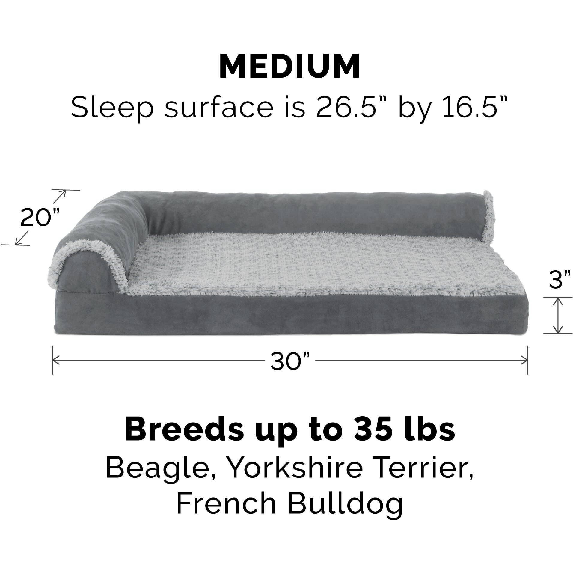 Furhaven Memory Foam Dog Bed For Medium/Small Dogs W/ Removable Bolsters & Washable Cover, For Dogs Up To 35 Lbs - Two-Tone Plush Faux Fur & Suede L Shaped Chaise - Stone Gray, Medium