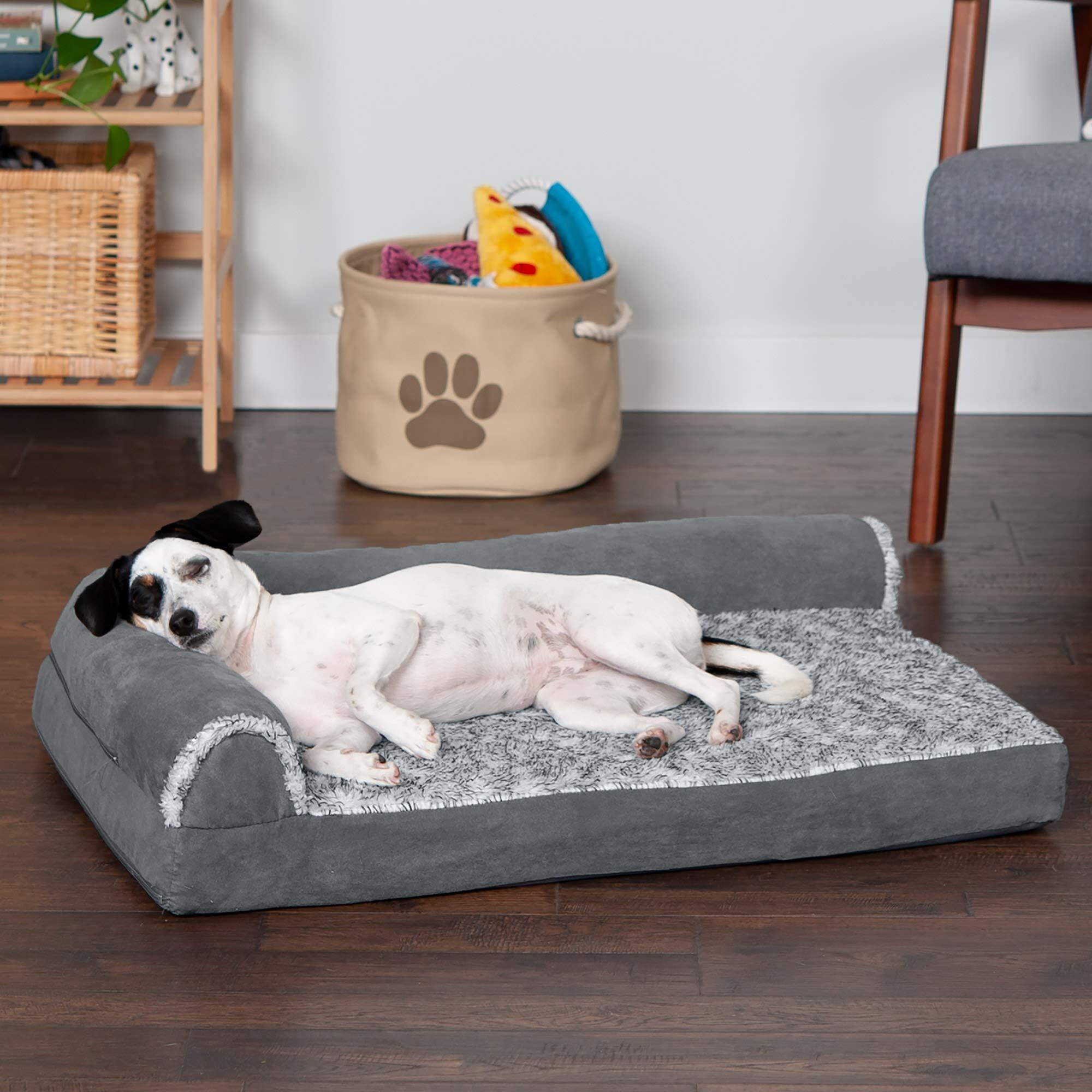 Furhaven Memory Foam Dog Bed For Medium/Small Dogs W/ Removable Bolsters & Washable Cover, For Dogs Up To 35 Lbs - Two-Tone Plush Faux Fur & Suede L Shaped Chaise - Stone Gray, Medium
