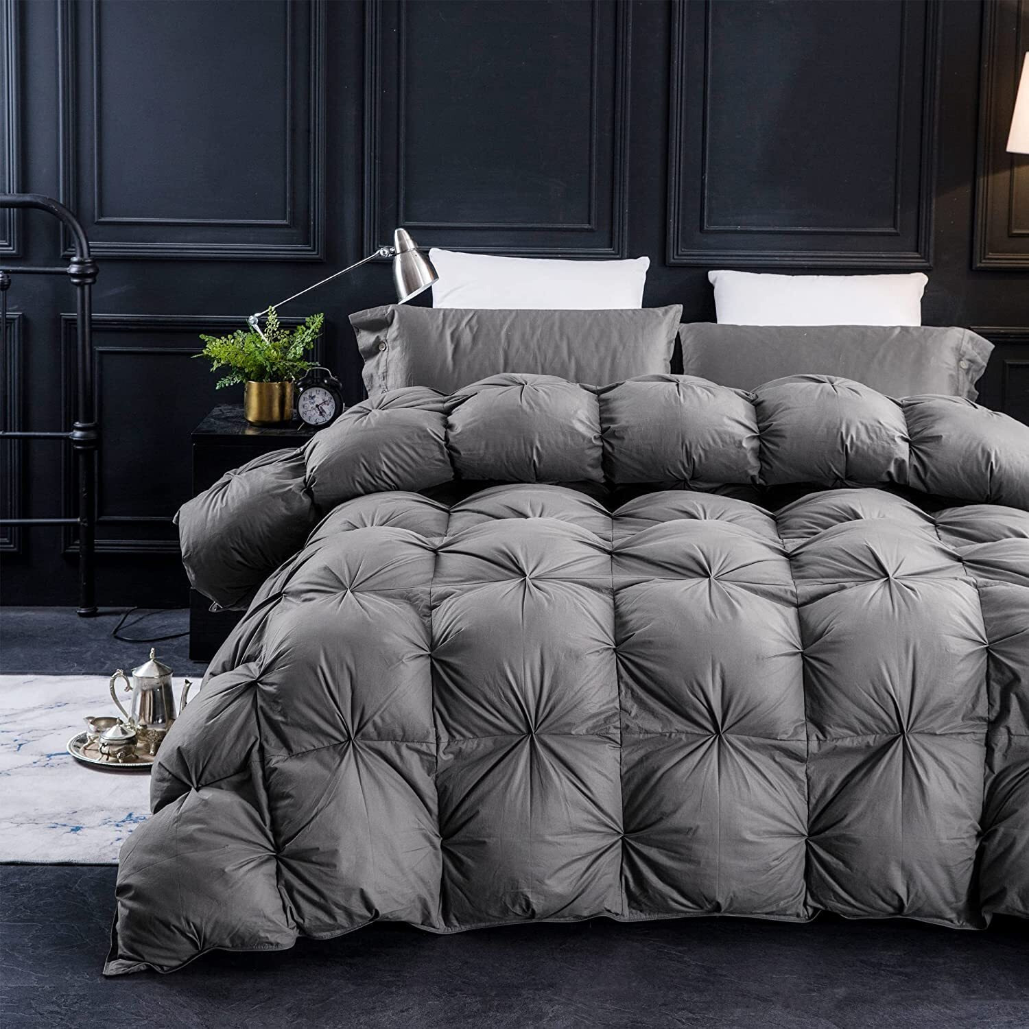 Three Geese Pinch Pleat Feathers Down Comforter King Size Duvet Insert,750+ Fill Power,1200Tc 100% Cotton Fabric,All Seasons Premium Grey Down Comforter With 8 Tabs