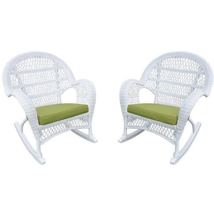 Jeco Wicker Rocker Chair With Green Cushion, Set Of 2, White