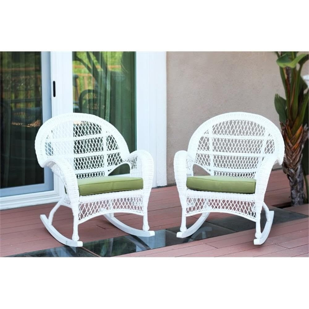 Jeco Wicker Rocker Chair With Green Cushion, Set Of 2, White